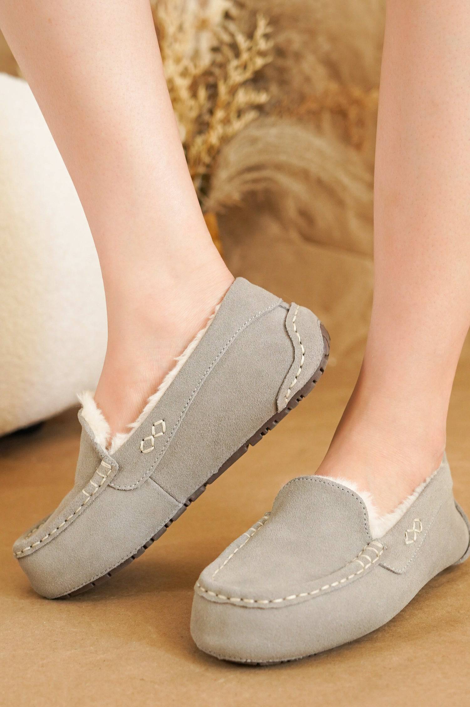 Project Cloud Grey Cathi Loafers: Genuine suede exterior, faux fur lining, memory foam, and non-slip sole.