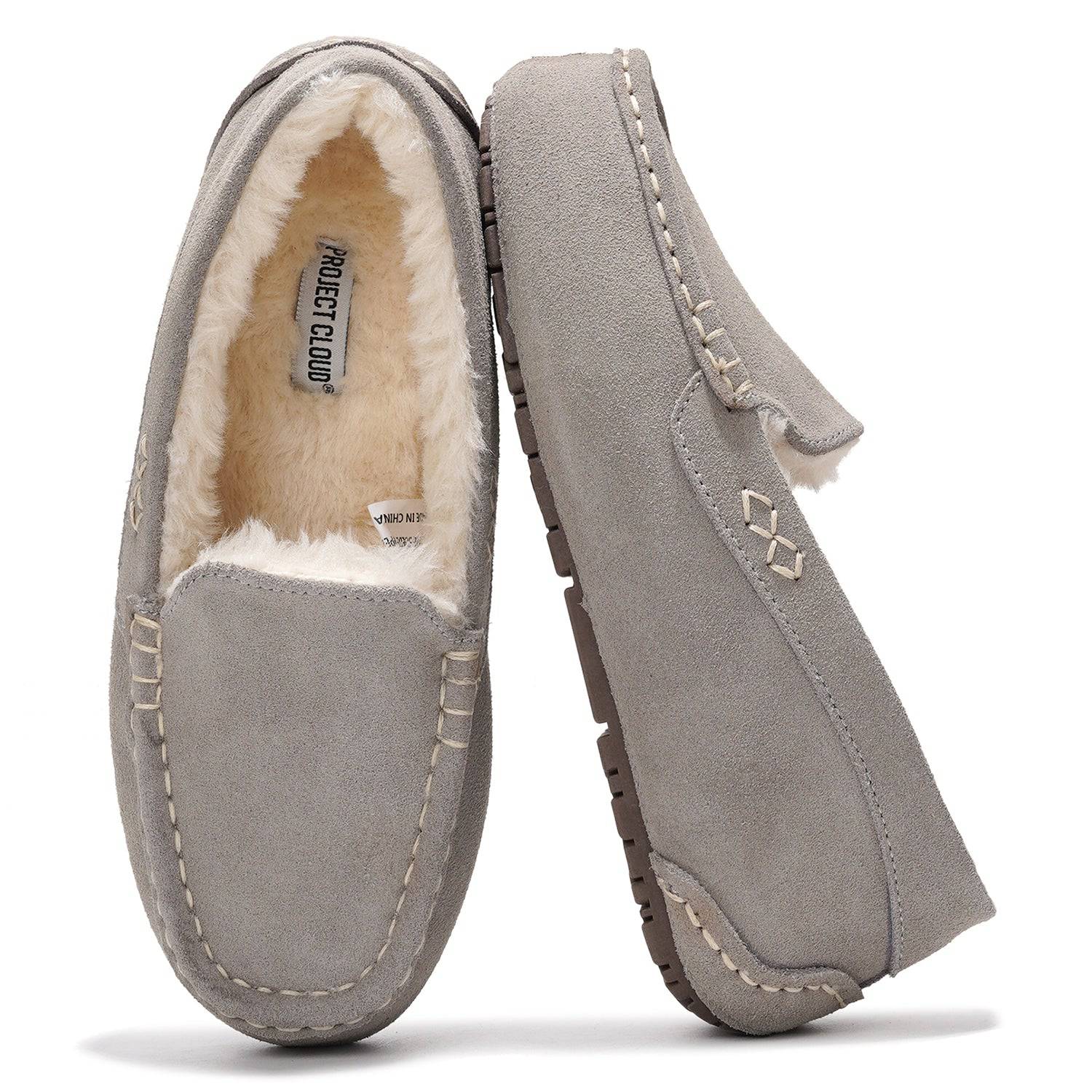 Project Cloud Women's Grey Cathi Loafers: Genuine Suede, Faux Fur Lined, and Memory Foam for ultimate comfort and style.