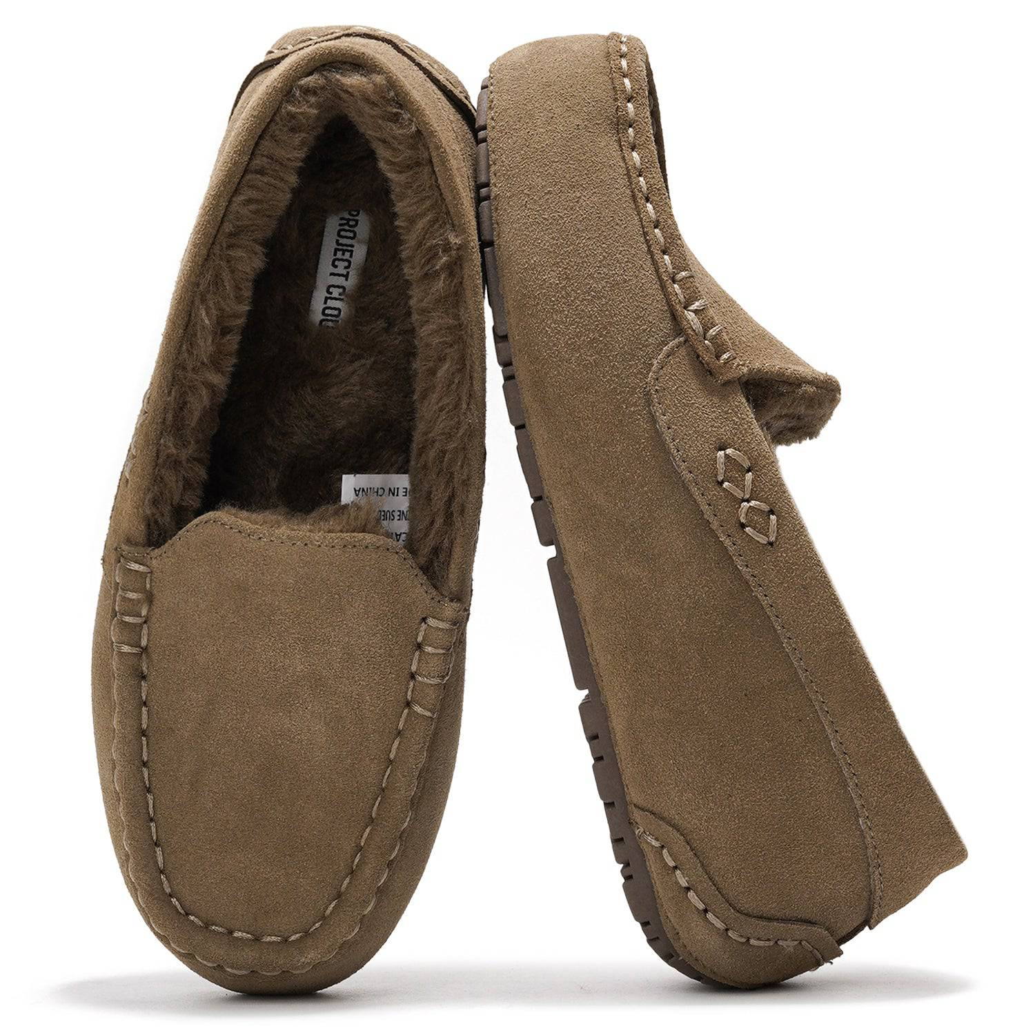 Project Cloud Women's Cathi Loafers in Brown. Genuine suede exterior, faux fur lining, and Project Cloud branding inside.