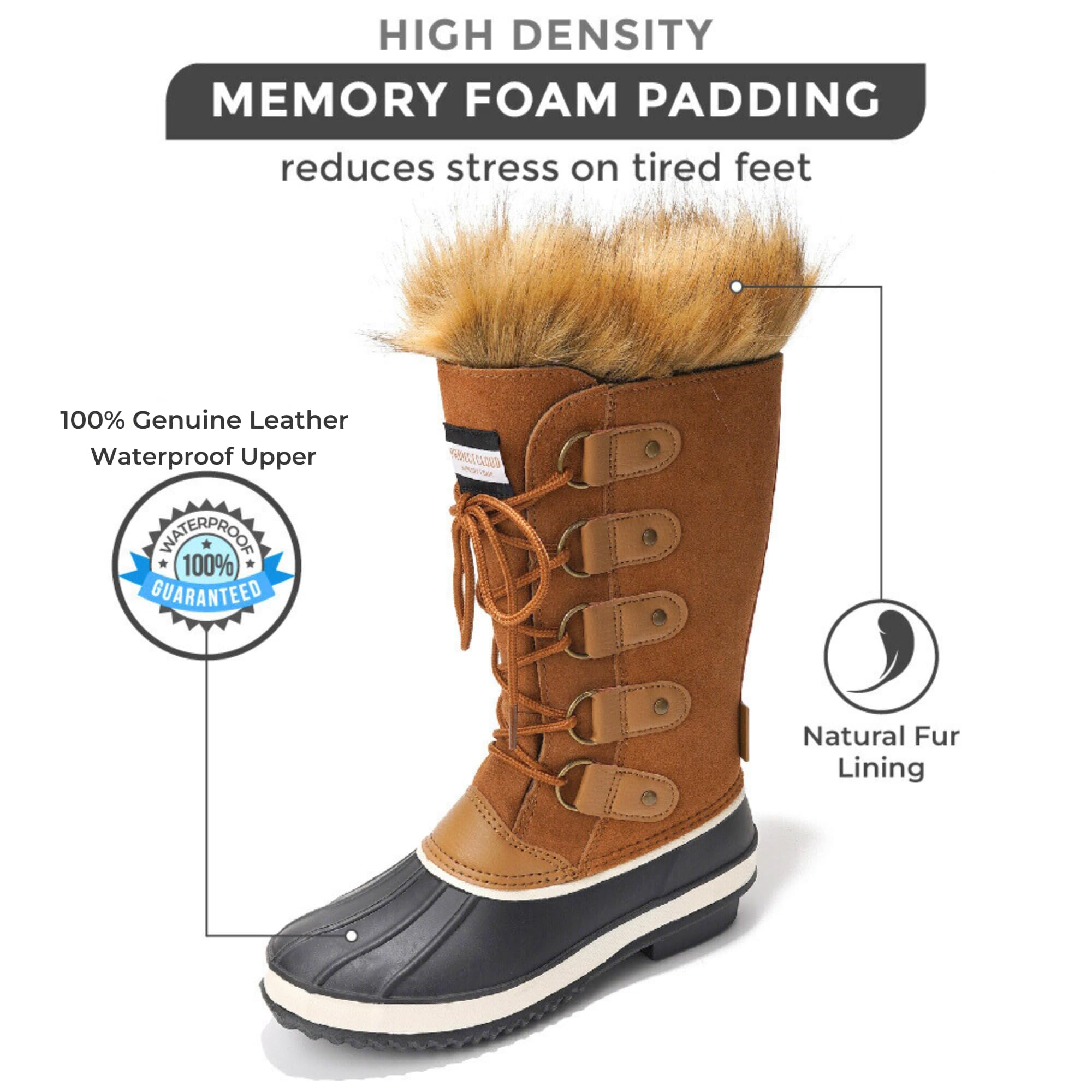 Ventura Women's Brown Snow Boot: Waterproof Leather, Fur Lining, Memory Foam, High-Density padding