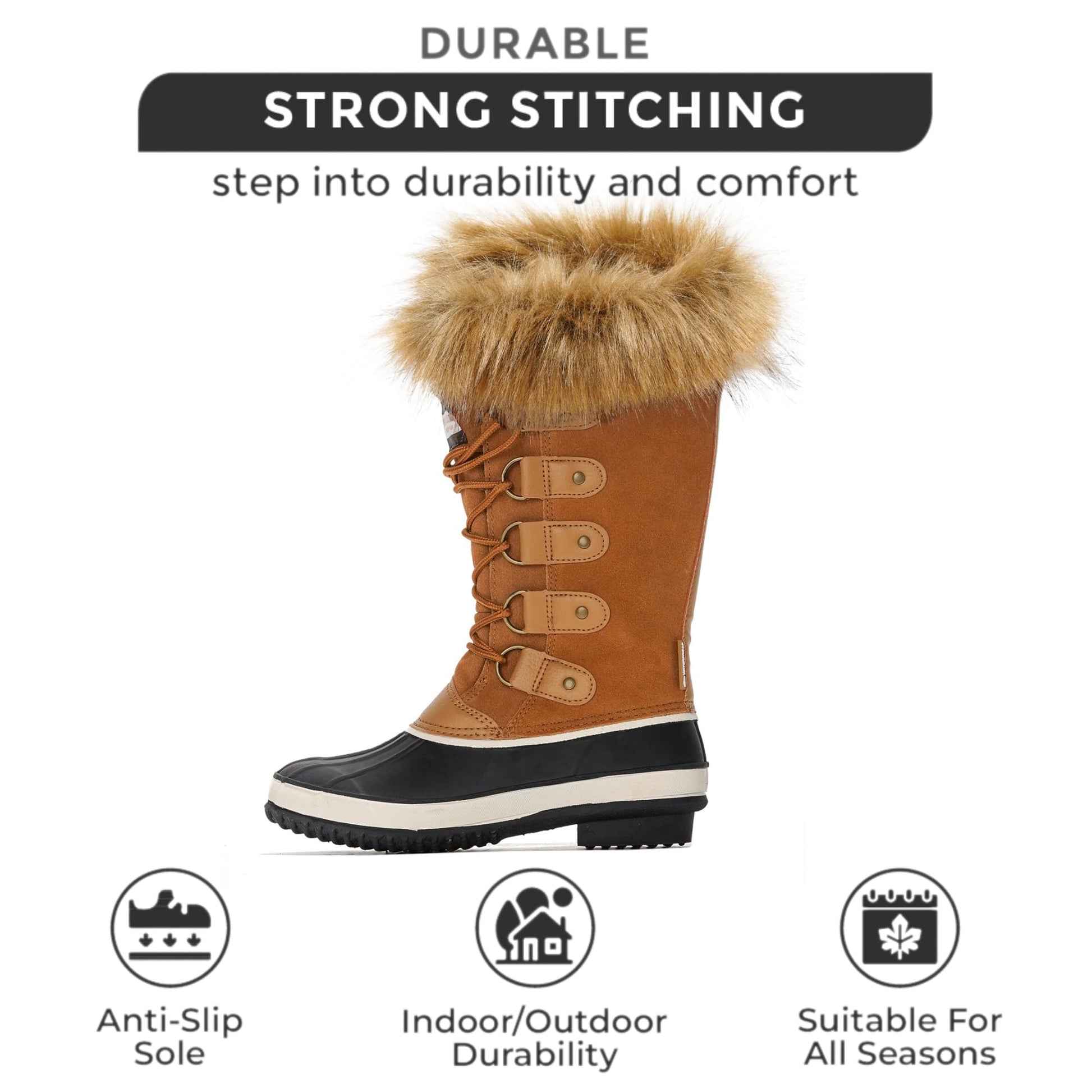 Ventura brown snow boots for women: waterproof leather, fur trim, anti-slip, all seasons