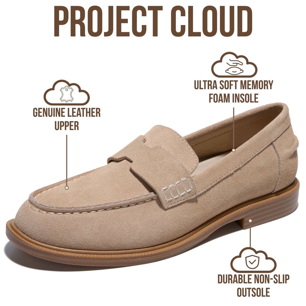 Project Cloud Women's | 100% Genuine Leather Loafers for Women | Memory Foam Insole | Lightweight | Non-Slip - Crest - Project Cloud - Sandals -Shop Project Cloud premium footwear Now!
