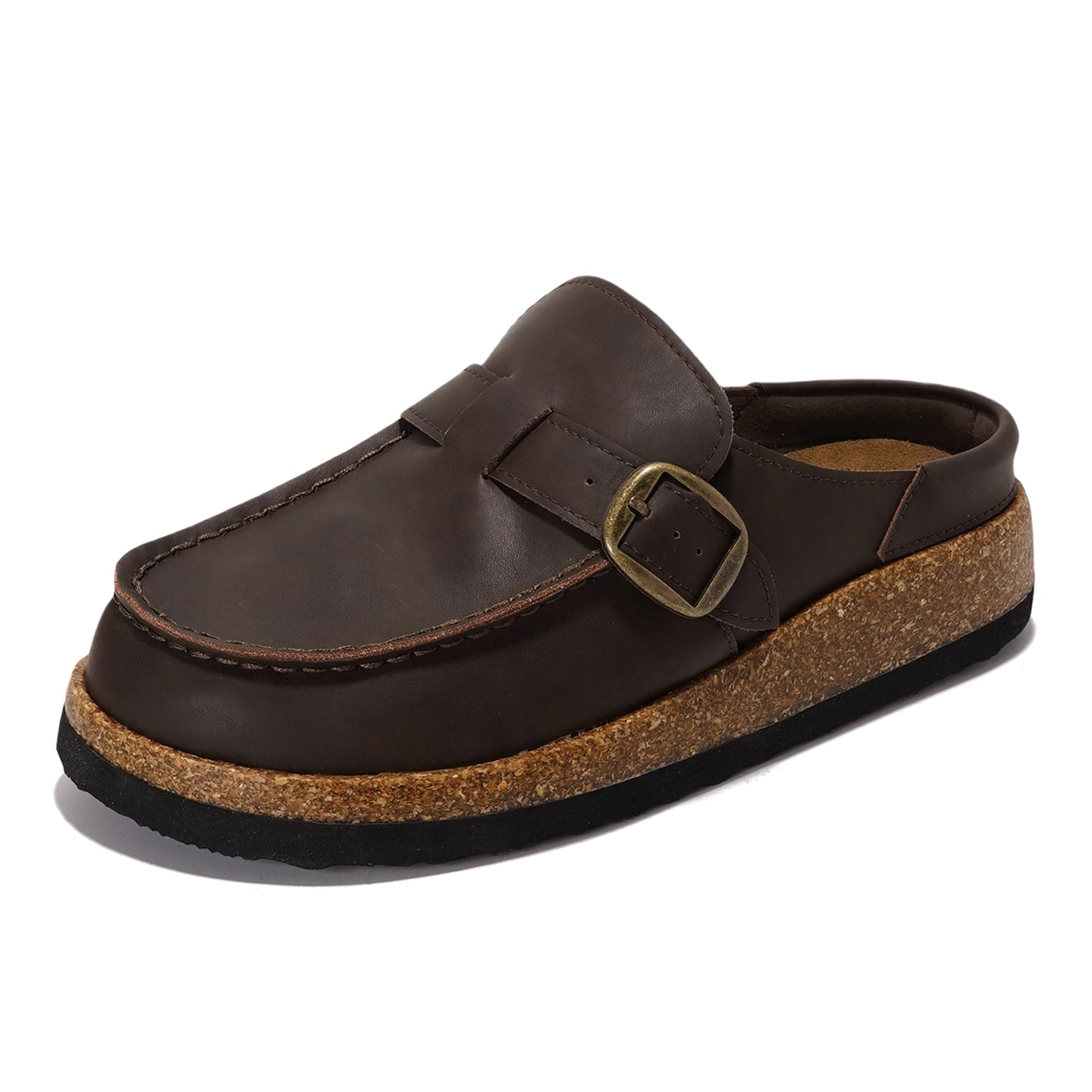 Dark brown leather Project Cloud Carline clogs with cork sole, buckle detail, and non-slip sole.
