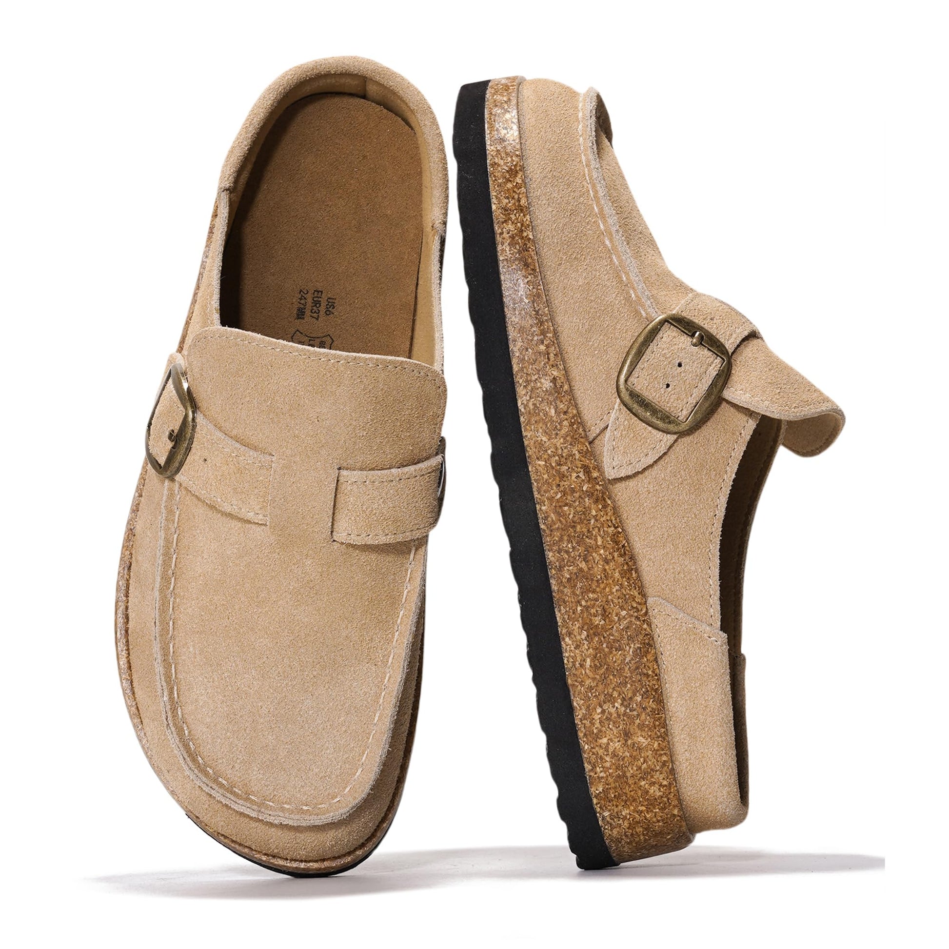 Project Cloud Carline clogs: light brown suede, cork sole, adjustable buckle, non-slip comfort