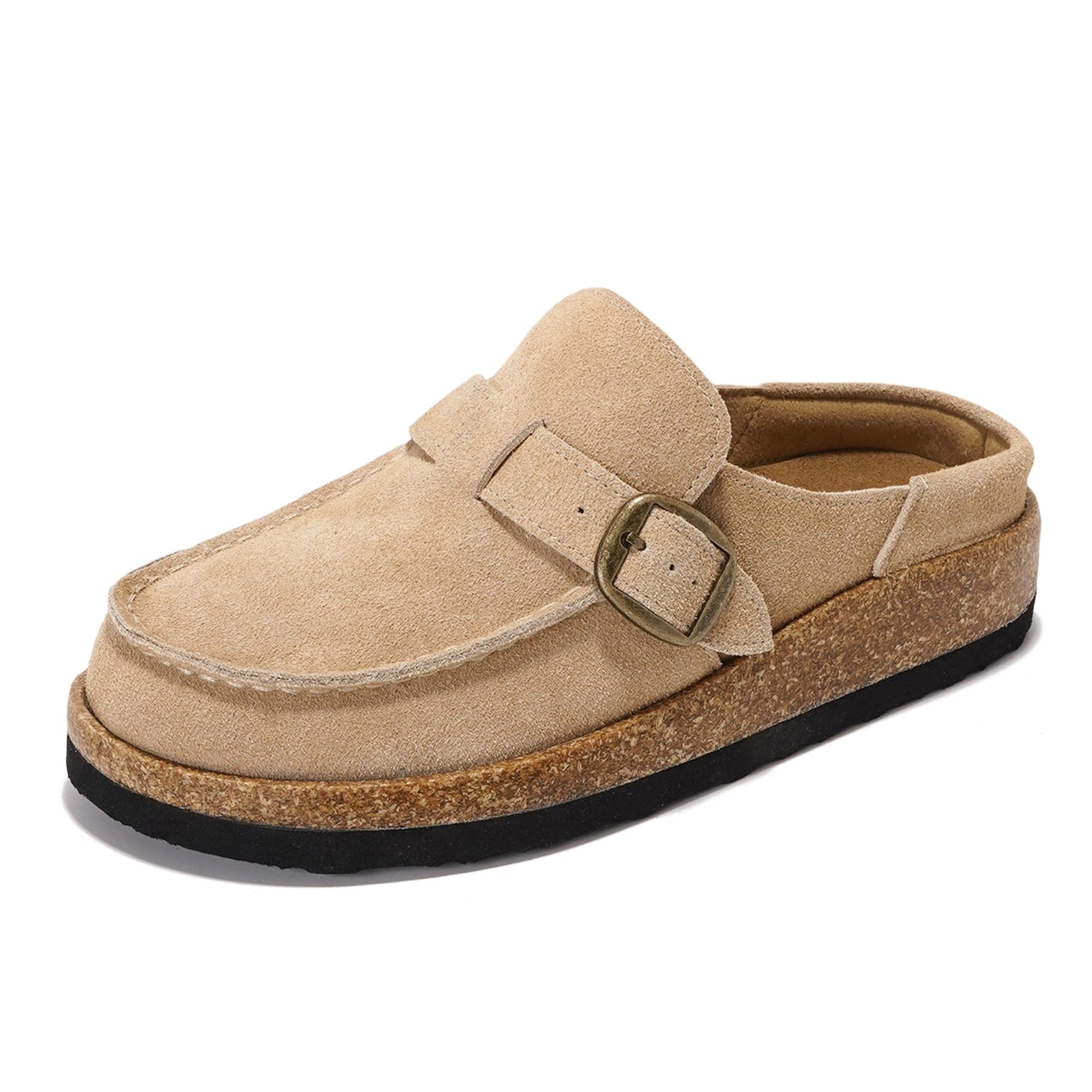 Carline Clogs: Beige suede, cork sole, adjustable buckle, and non-slip Project Cloud clog for women.