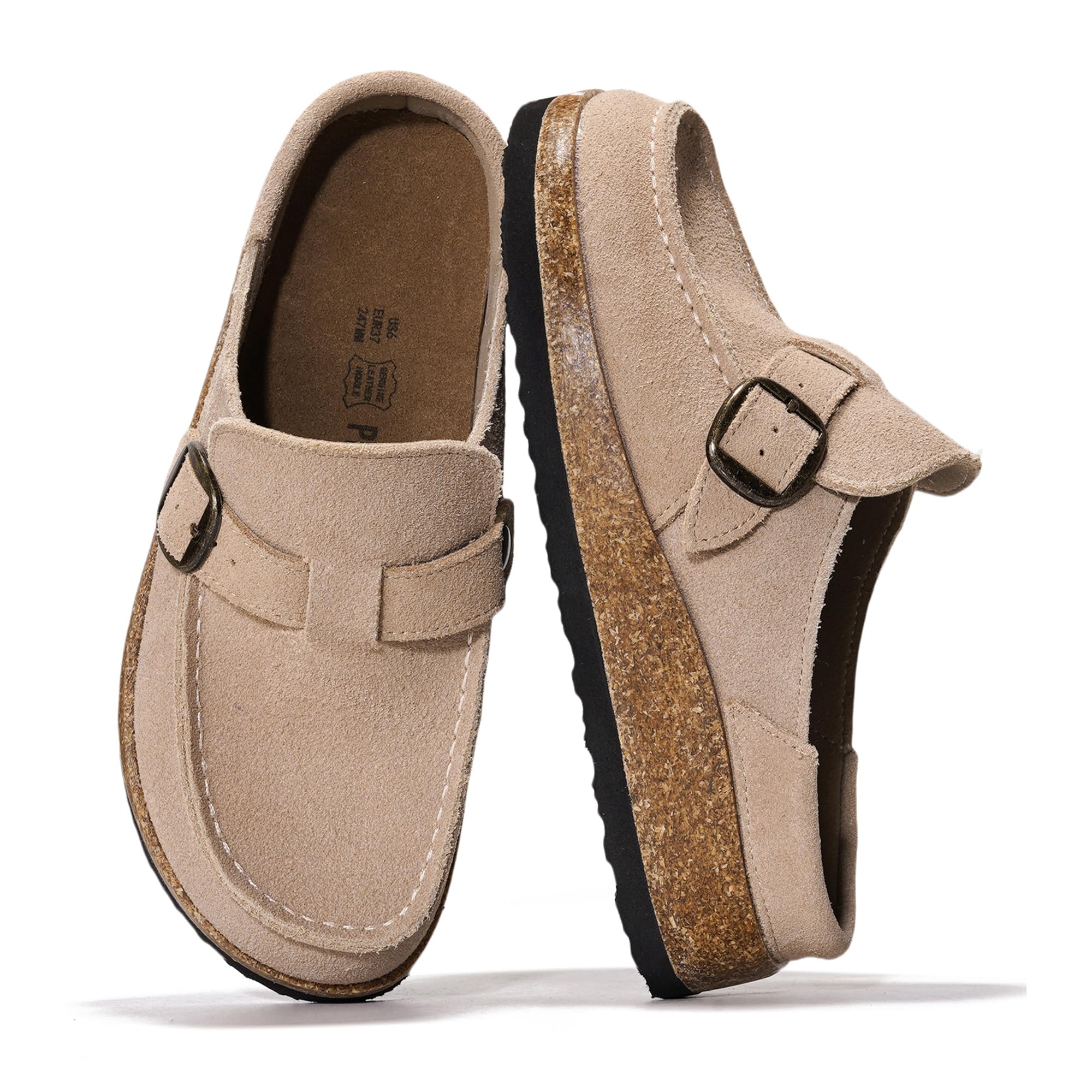 Beige suede Carline clogs by Project Cloud, cork sole, buckle detail, non-slip women's clogs.