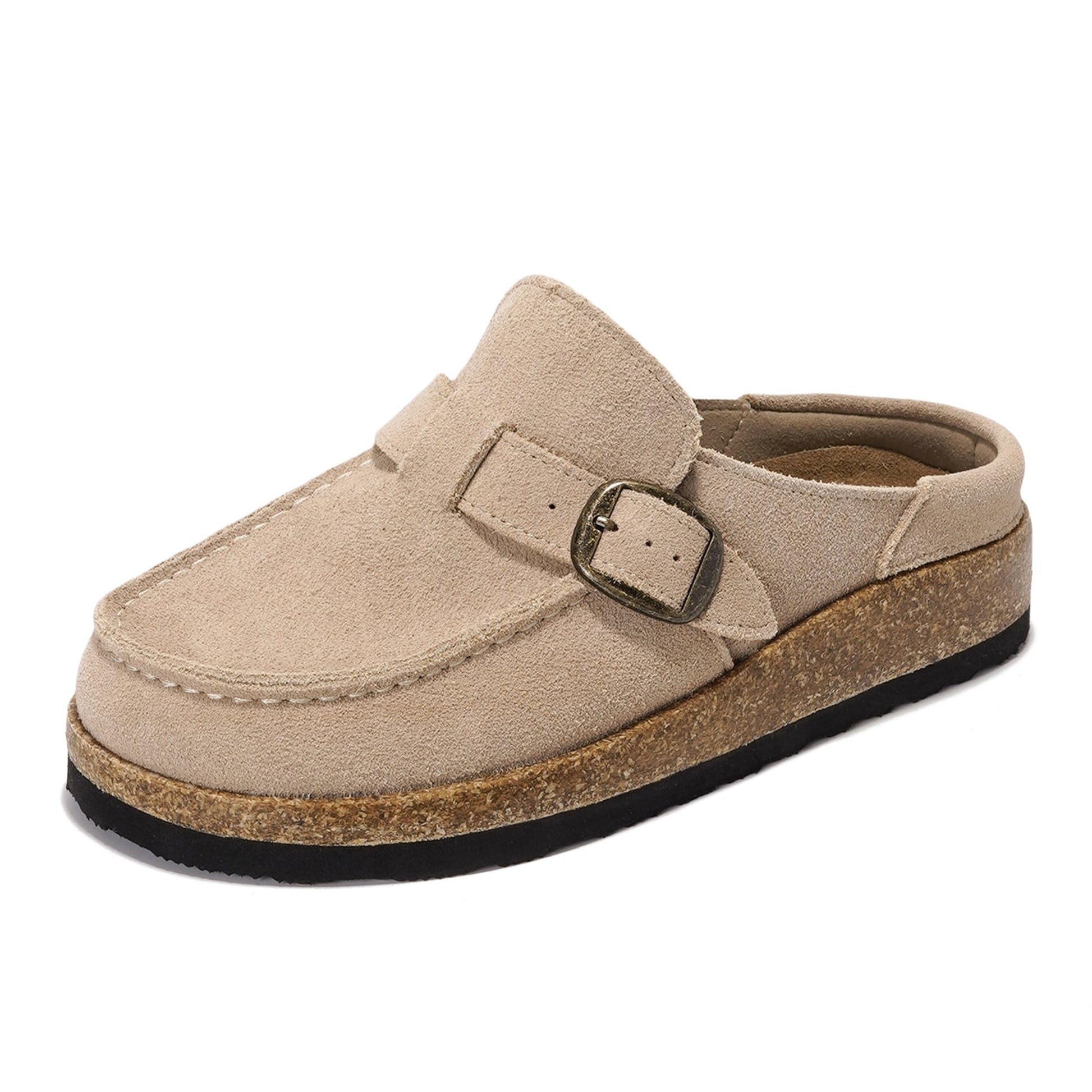 Project Cloud Carline clog in beige suede with adjustable buckle and cork sole, suitable for women.