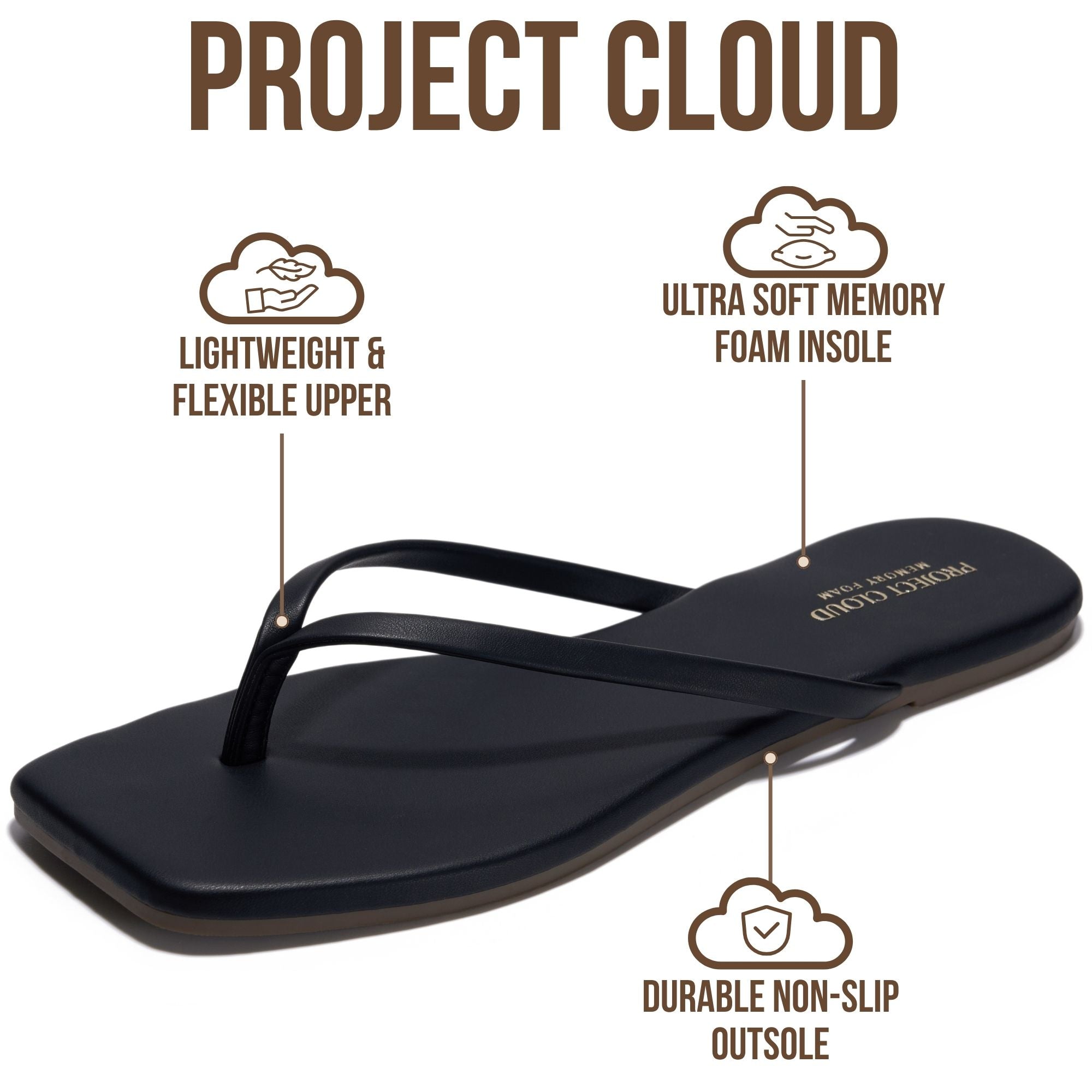 Project Cloud Women's | Square Toe Flip Flops | Memory Foam | Non-Slip - Dedication