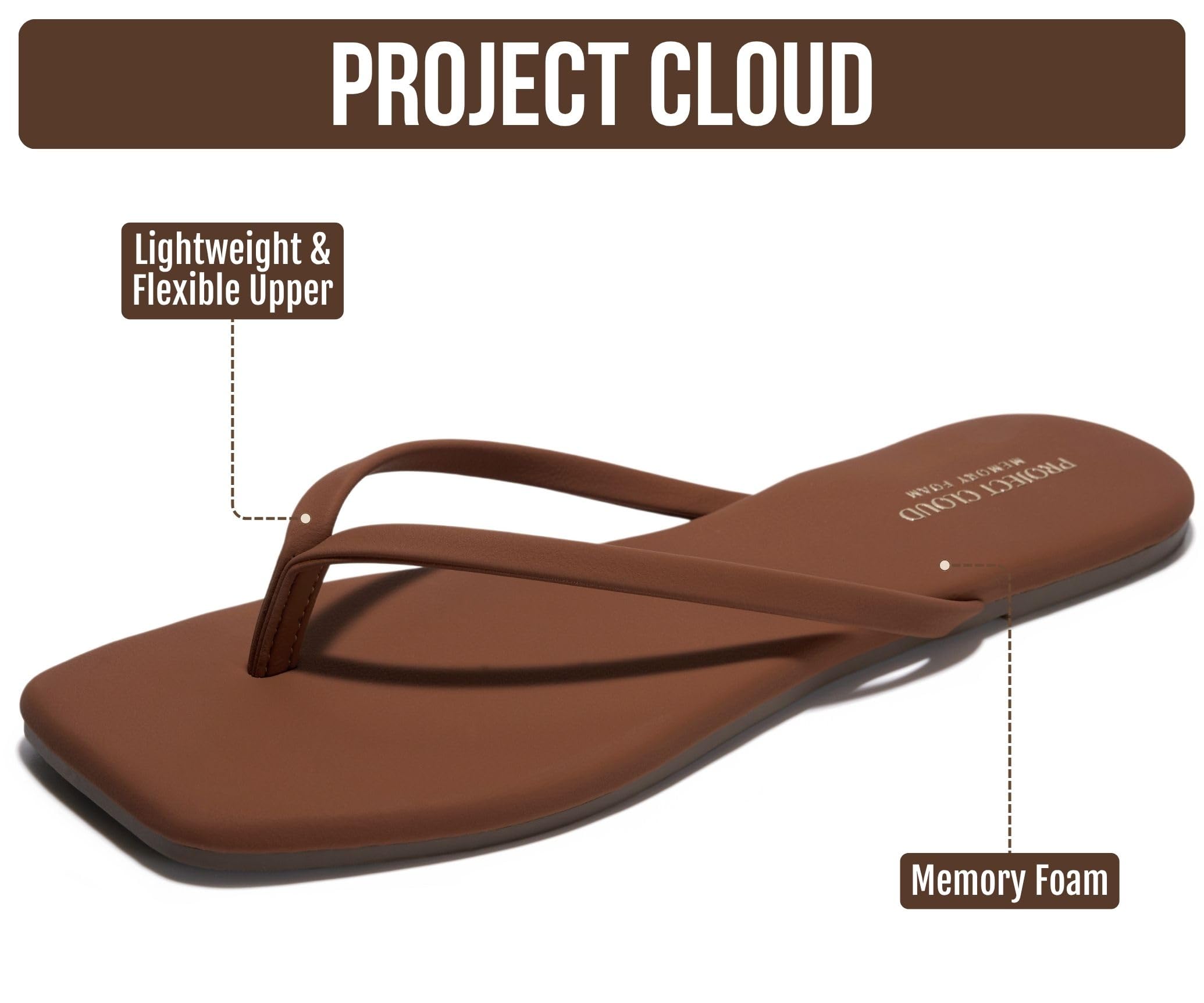 Project Cloud Women's | Square Toe Flip Flops | Memory Foam | Non-Slip - Dedication