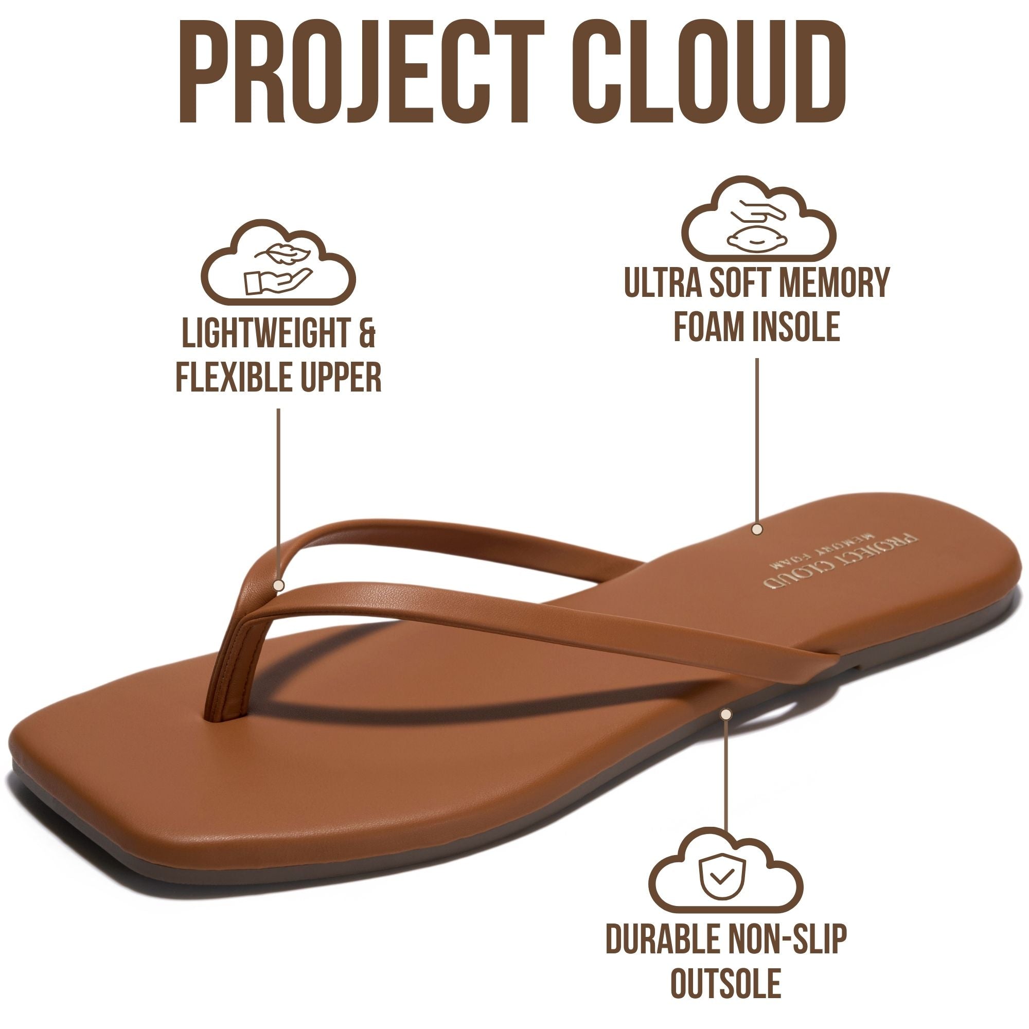 Project Cloud Women's | Square Toe Flip Flops | Memory Foam | Non-Slip - Dedication