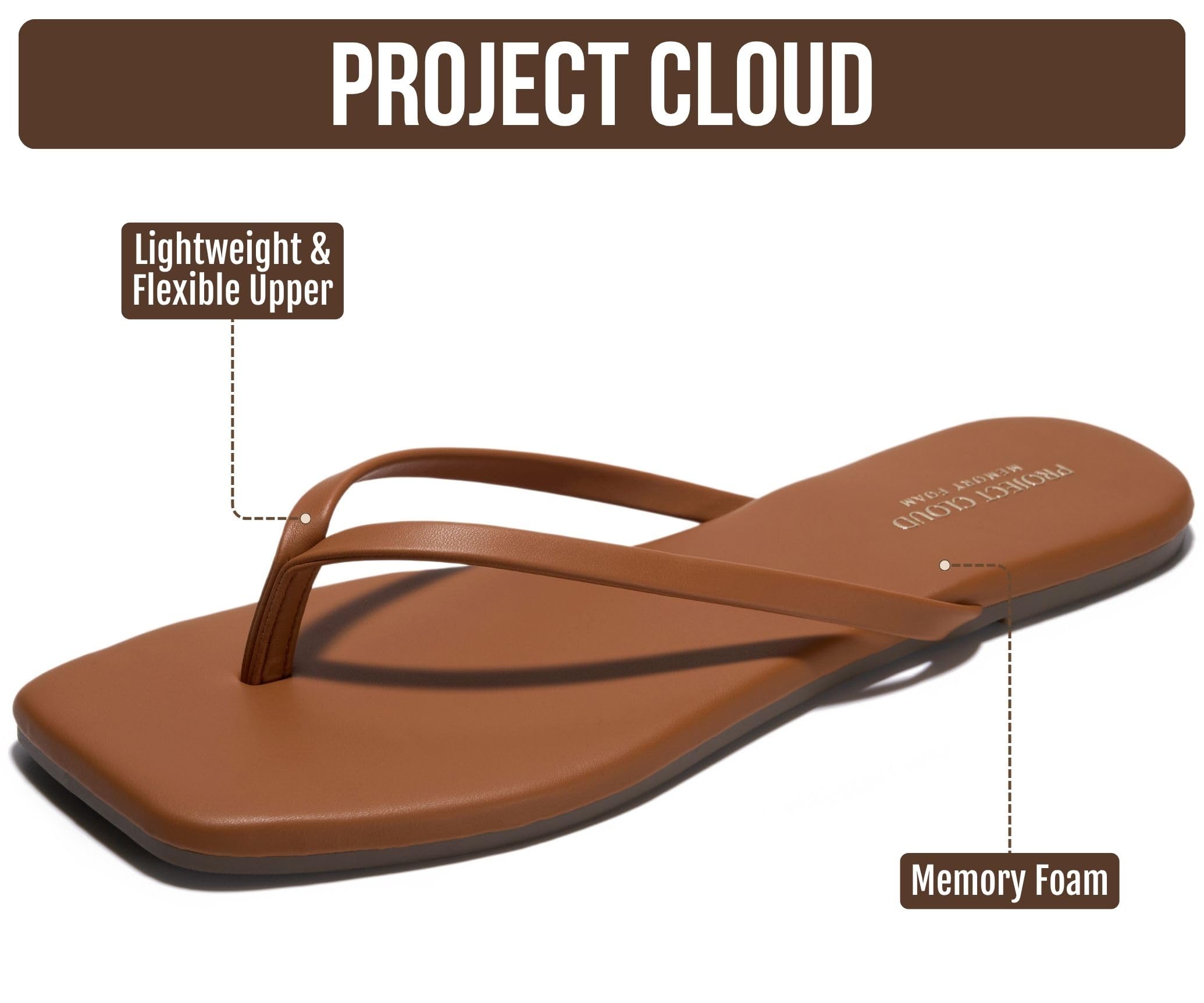 Project Cloud Women's | Square Toe Flip Flops | Memory Foam | Non-Slip - Dedication
