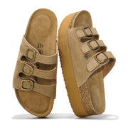 Project Cloud Dyan Platform Sandals: Genuine suede women's sandals with three straps, memory foam, and non-slip sole.