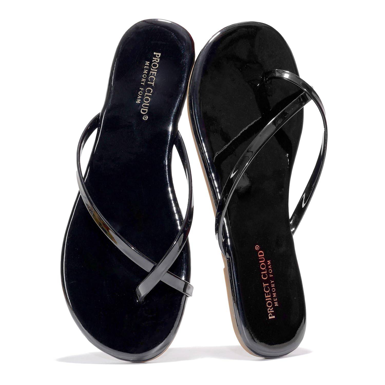 Project Cloud Emotion black flip flops for women, vegan leather, memory foam insole, summer sandals