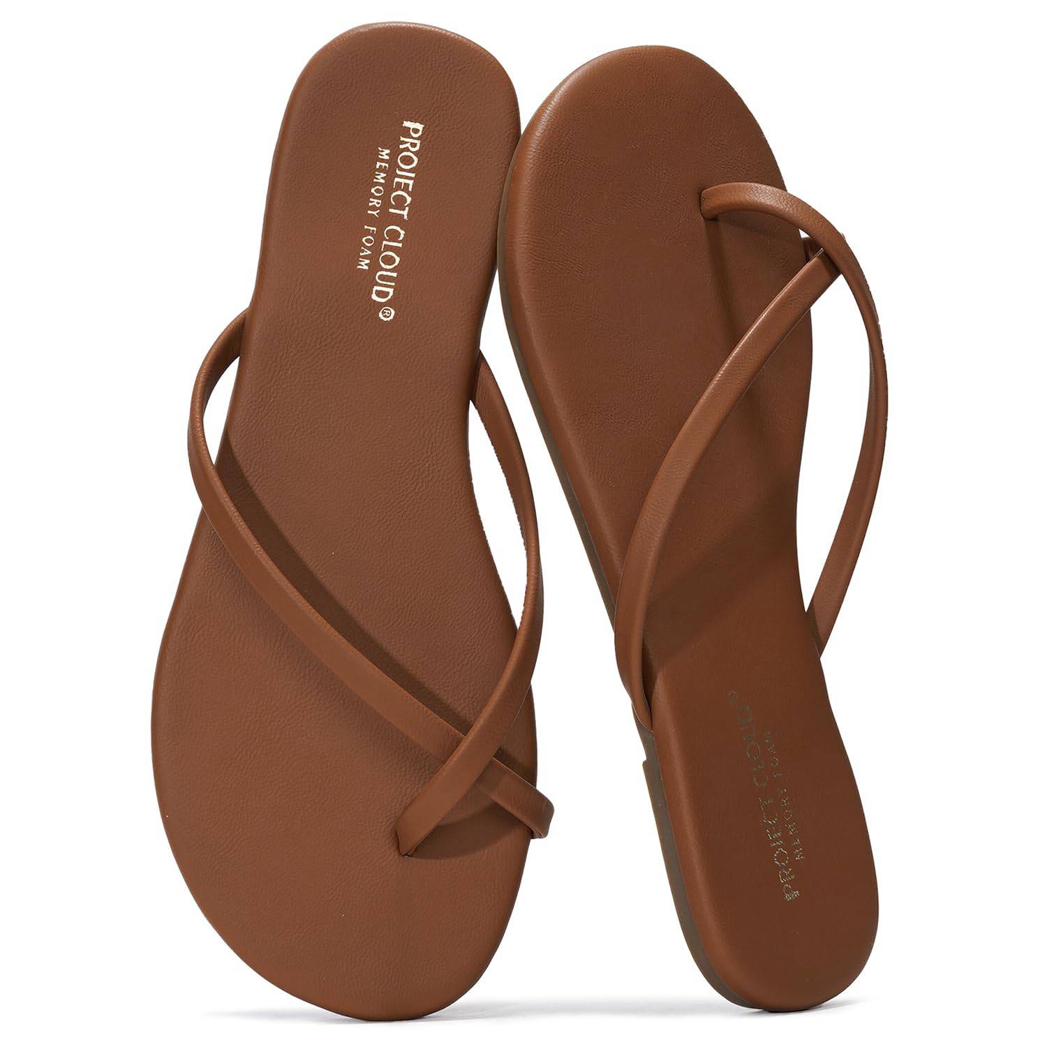 Project Cloud Emotion Flip Flops for Women - Brown vegan leather sandals with memory foam insole, summer beach sandals