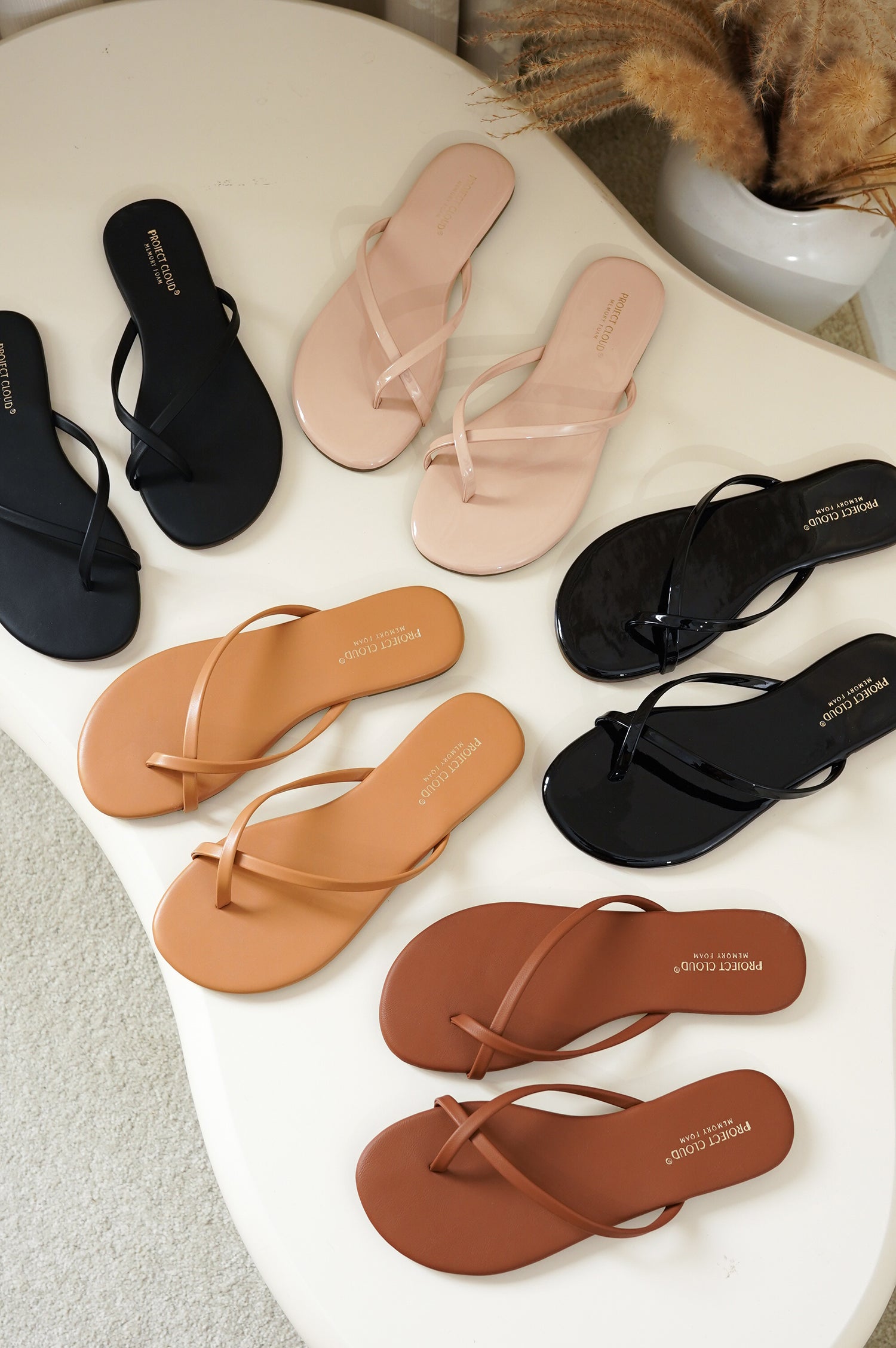 Project Cloud Women's Flip Flops: Black, Brown, Tan, Pink vegan leather sandals with memory foam insole