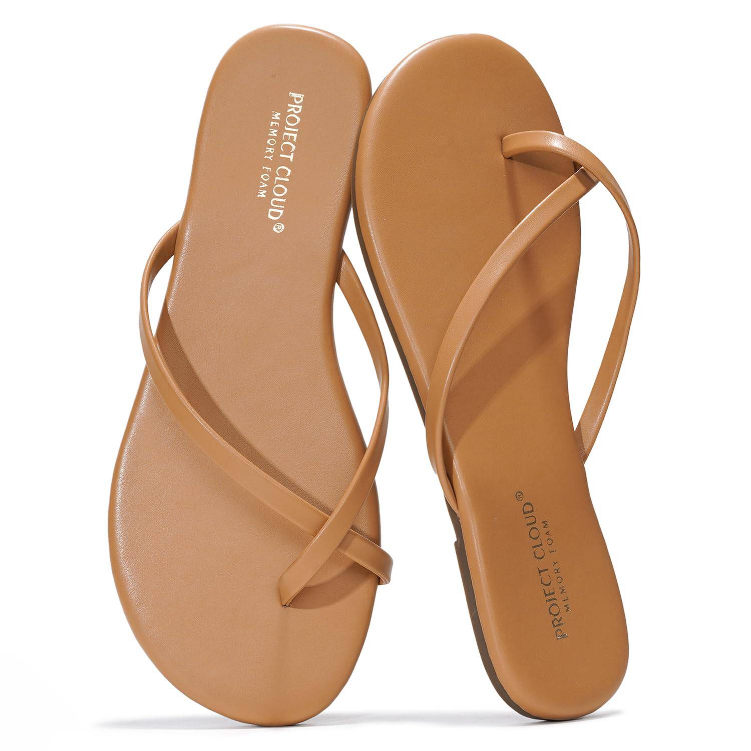 Project Cloud Emotion Flip Flops for Women - Tan Vegan Leather Sandals with Memory Foam Insole