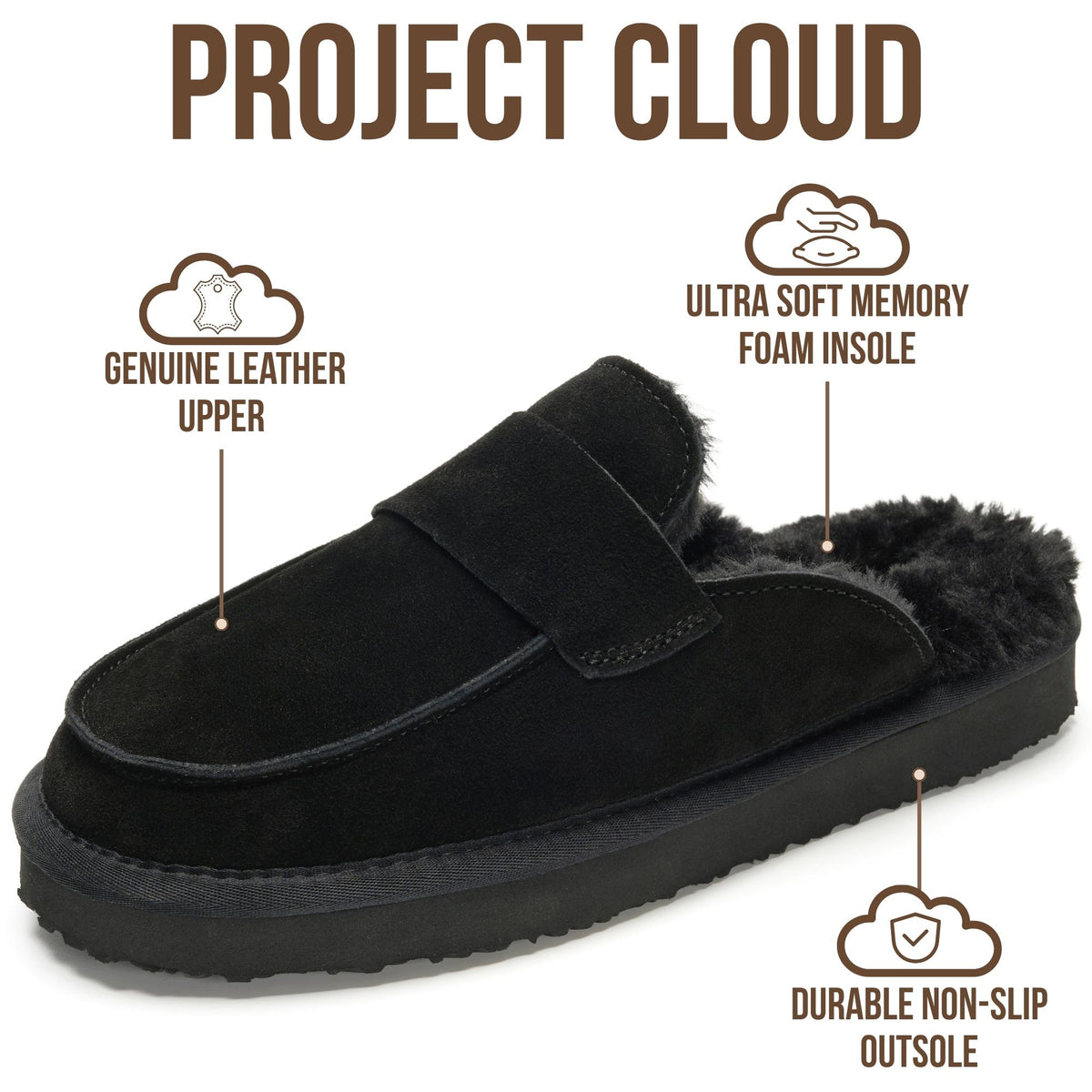 Project Cloud Women's | Genuine Leather Brunch Slippers Fuzzy Clogs | Memory Foam Insole | Lightweight | Non-Slip - Fable