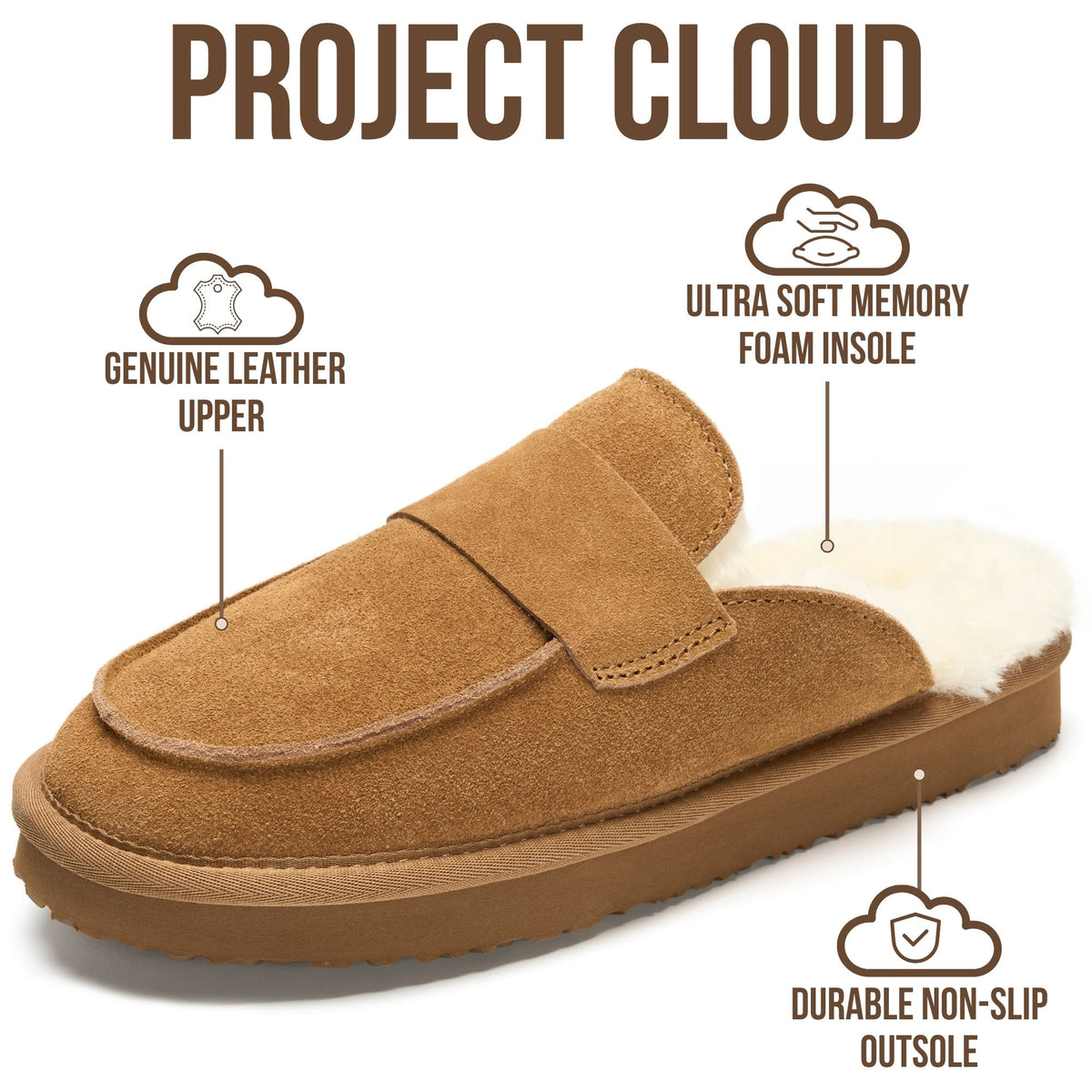 Project Cloud Women's | Genuine Leather Brunch Slippers Fuzzy Clogs | Memory Foam Insole | Lightweight | Non-Slip - Fable