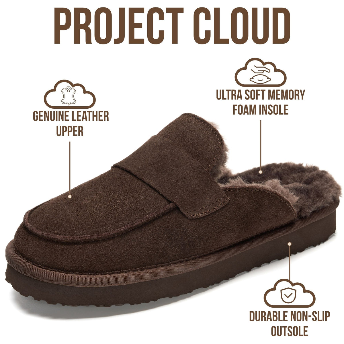 Project Cloud Women's | Genuine Leather Brunch Slippers Fuzzy Clogs | Memory Foam Insole | Lightweight | Non-Slip - Fable