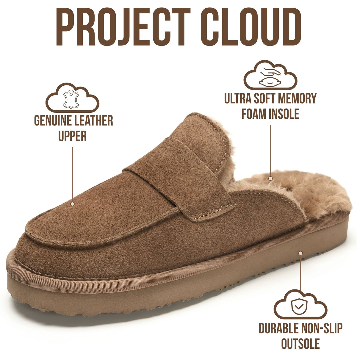 Project Cloud Women's | Genuine Leather Brunch Slippers Fuzzy Clogs | Memory Foam Insole | Lightweight | Non-Slip - Fable