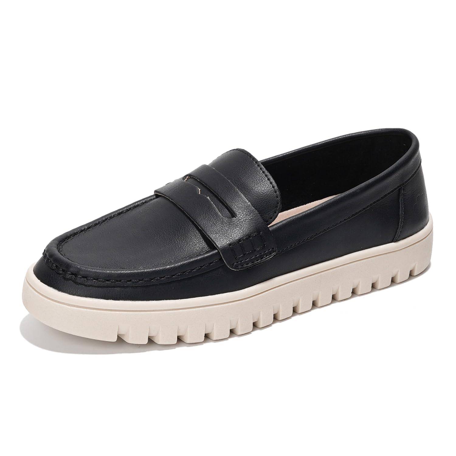 Project Cloud Women's Black Leather Loafers with Non-Slip Platform Sole.
