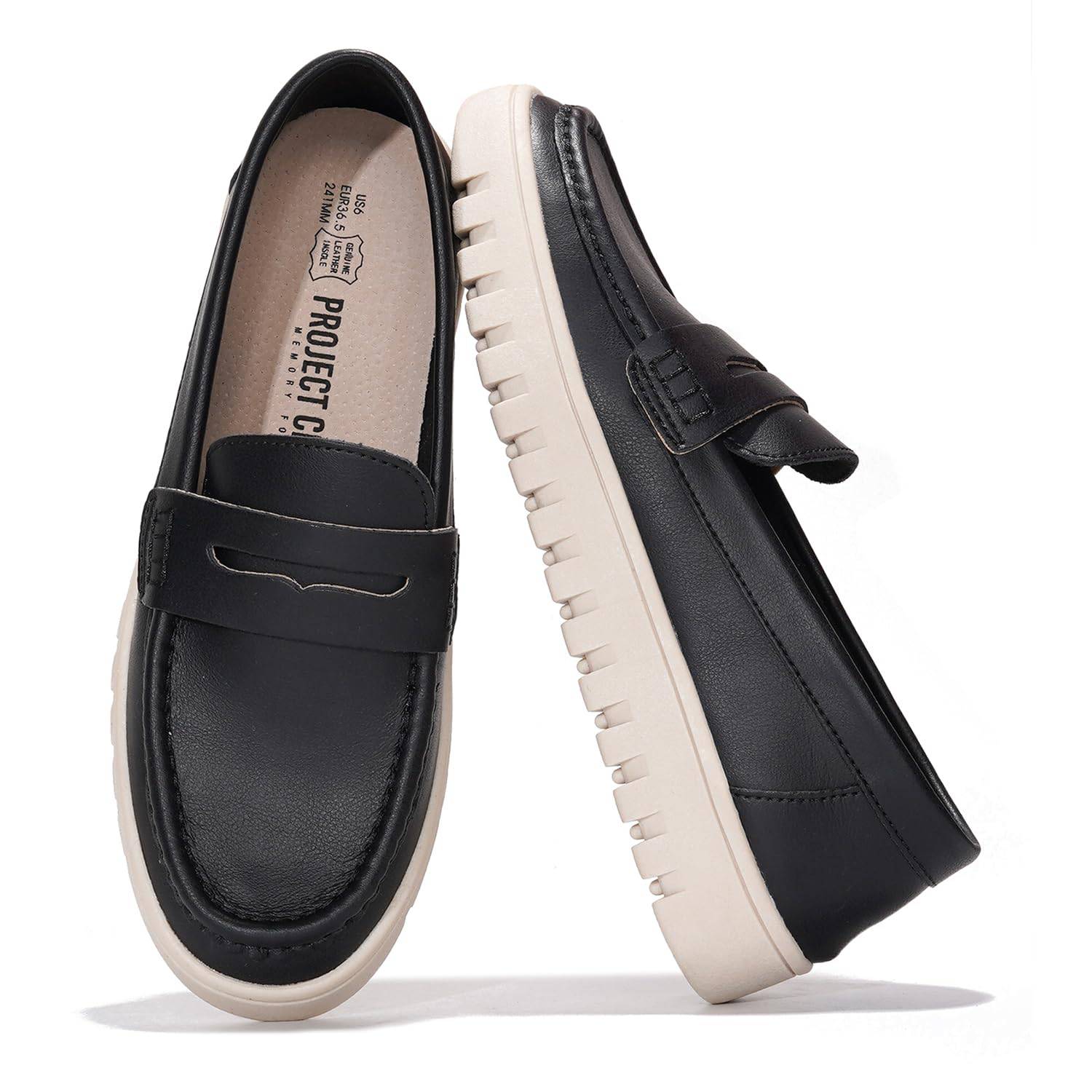 Project Cloud Black Leather Loafers for Women with Memory Foam and Non-Slip Sole. All season shoes.
