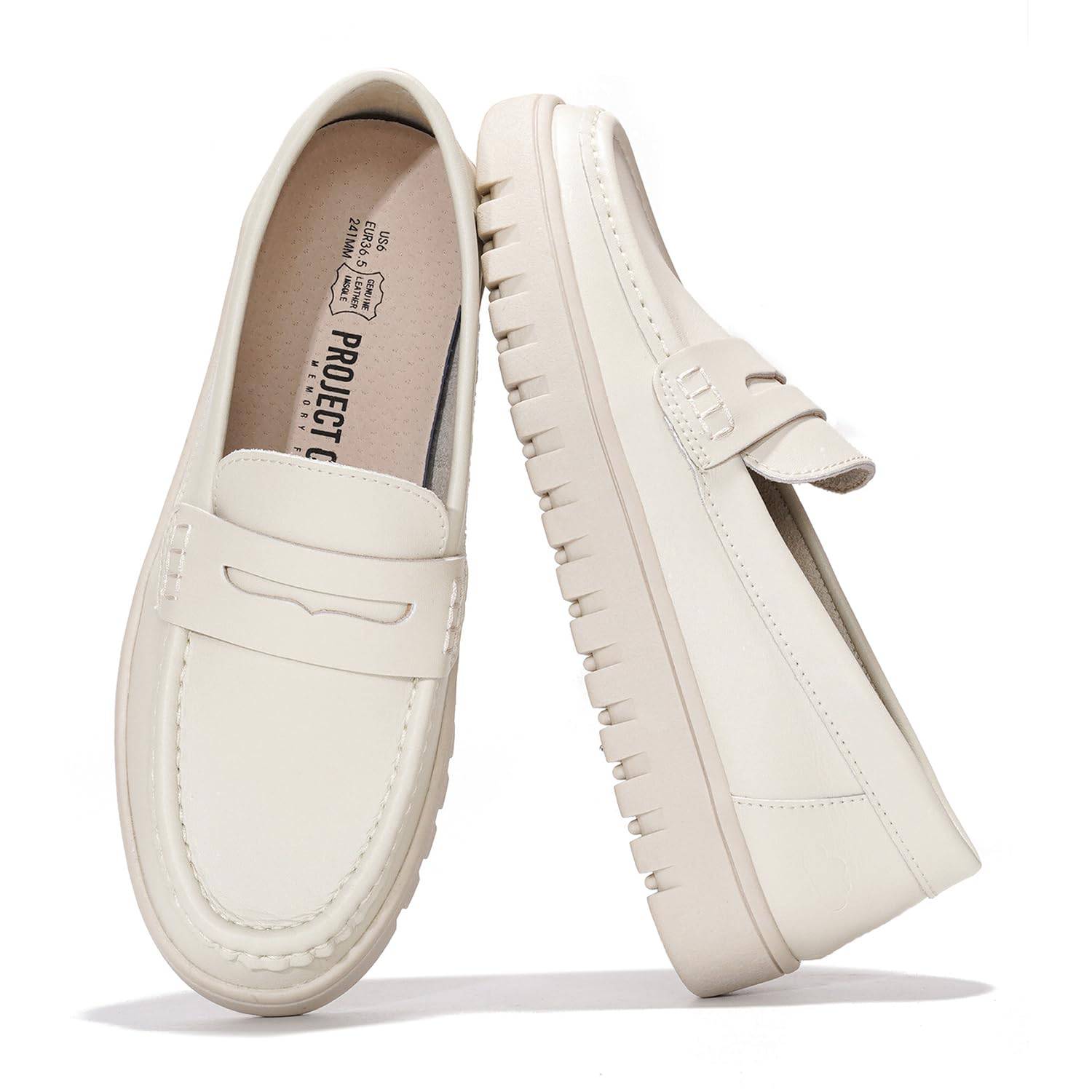 Project Cloud Women's White Leather Loafers with Memory Foam Insole, Non-Slip Platform Sole