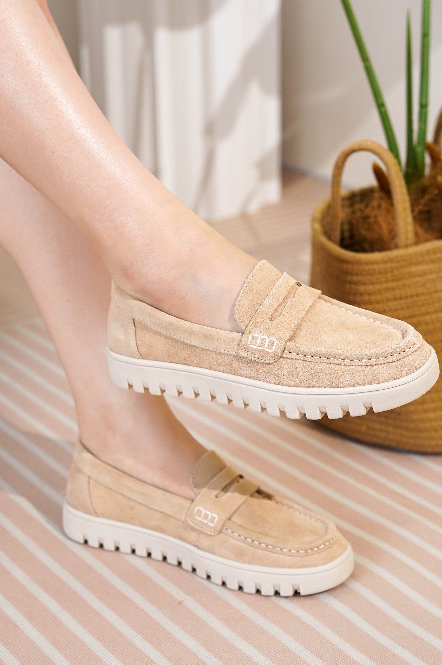 Project Cloud Filide-1 Women's Tan Suede Loafers with Non-Slip Sole, showcasing comfort and style