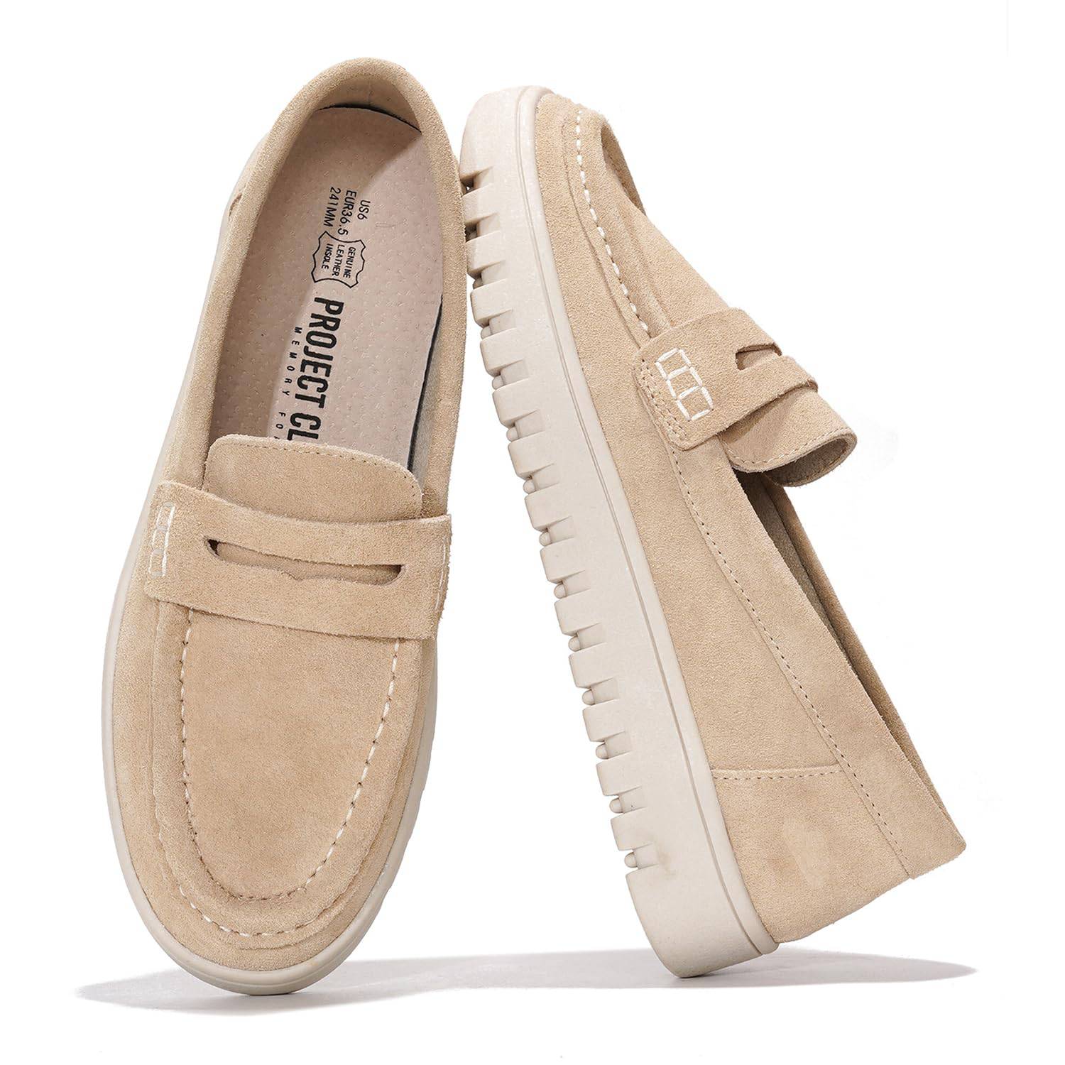 Project Cloud Tan Suede Loafers. Memory foam insole, non-slip sole, comfortable women's shoes (Filide-1).