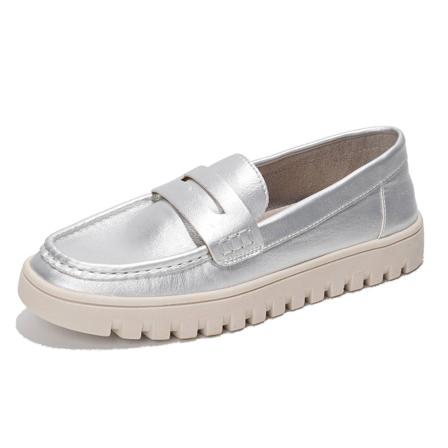 Project Cloud Filide-1 Silver Leather Women's Loafers with Non-slip Platform Sole.