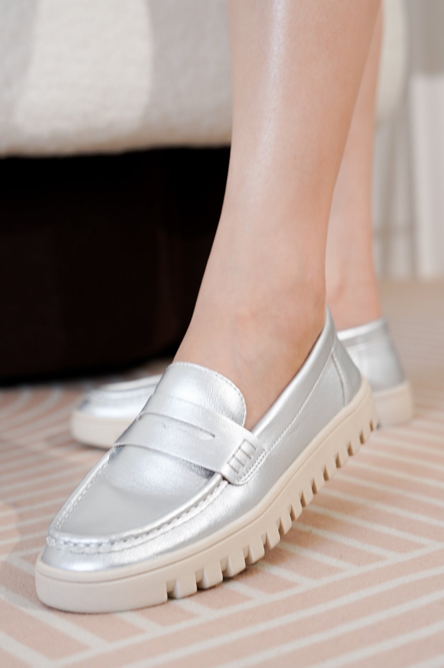 Project Cloud Silver Leather Loafers with Non-Slip Platform Sole. Women's all-season shoes for comfort and style.