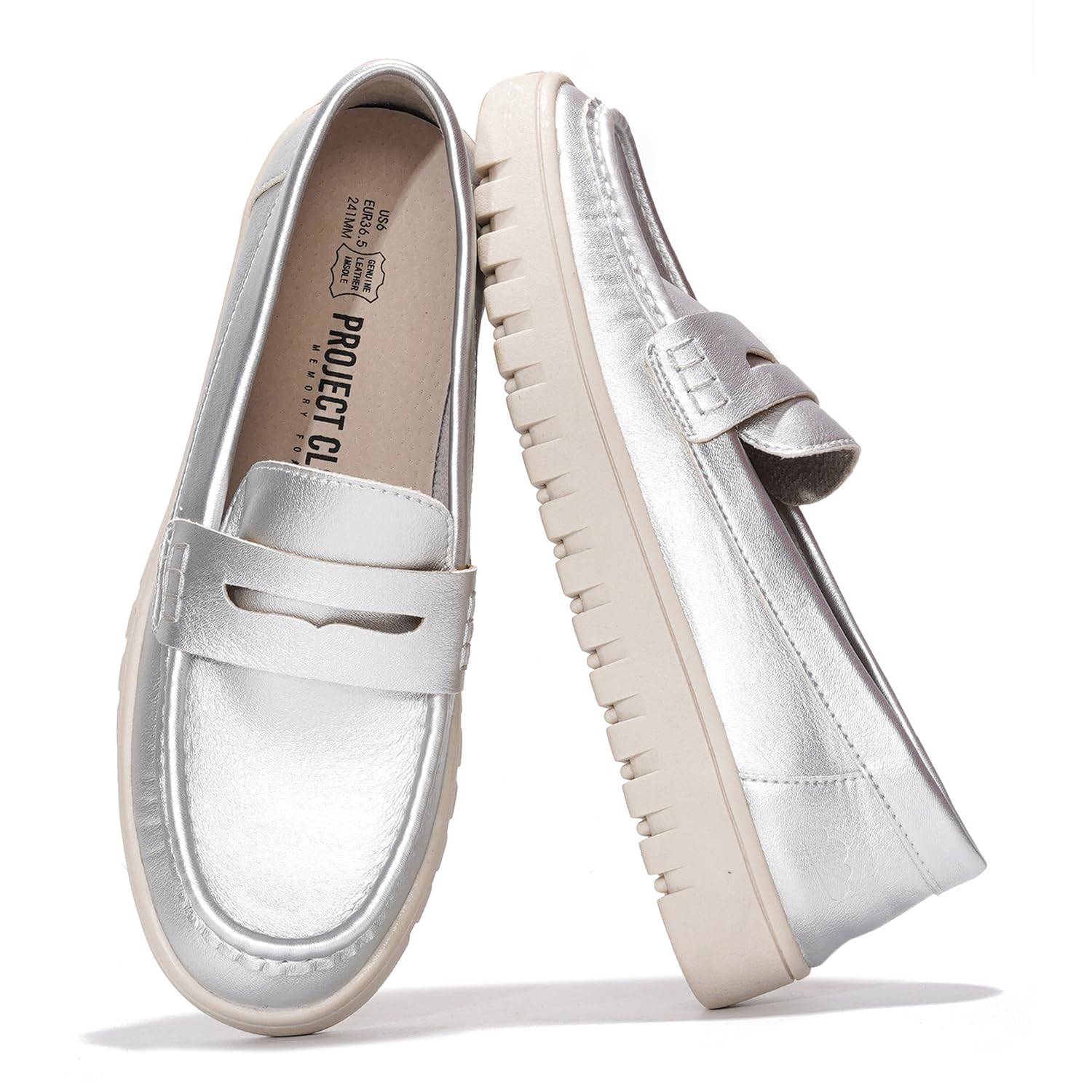Project Cloud Filide-1 Silver Leather Women's Loafers - Non-slip platform sole, memory foam insole. All Season Shoes.