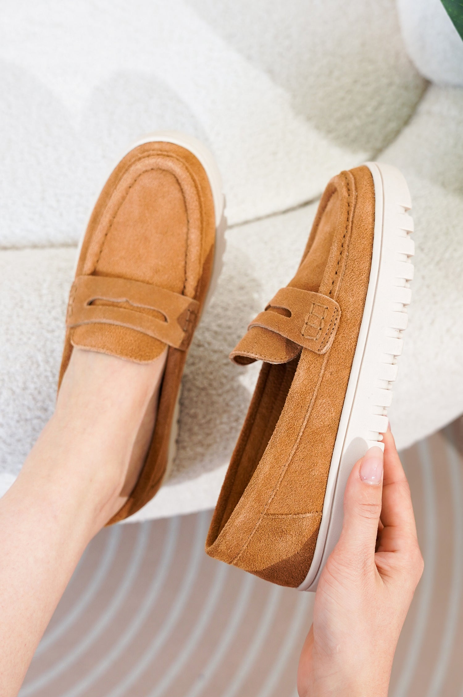 Project Cloud women's tan suede loafers. Featuring memory foam insole and non-slip platform sole for all-day comfort.
