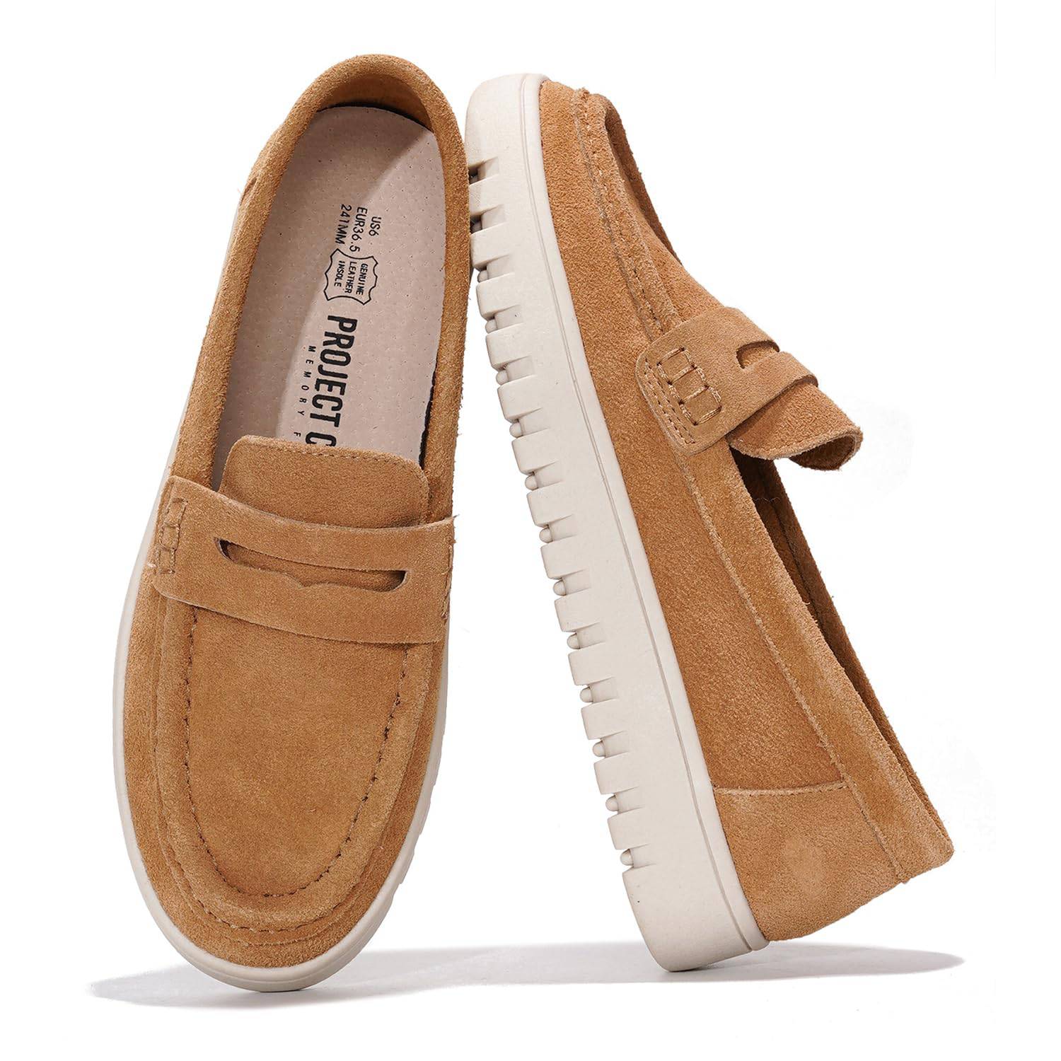 Project Cloud Filide-1 women's loafers in tan suede, featuring memory foam insole and non-slip sole.