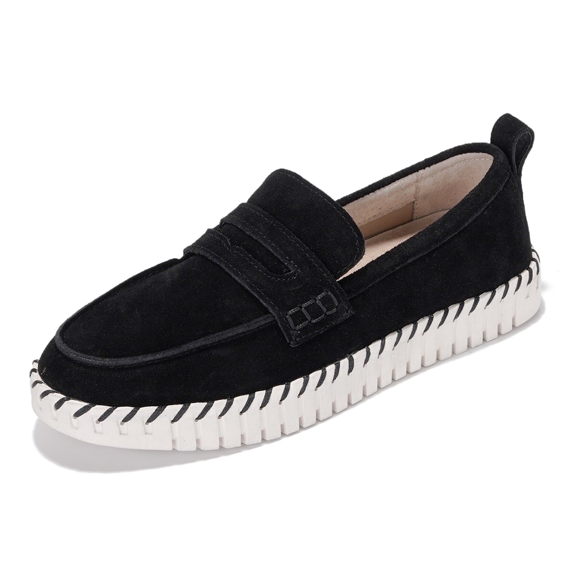 Project Cloud Black Leather Loafers for Women with Memory Foam Insole and Non-Slip Sole