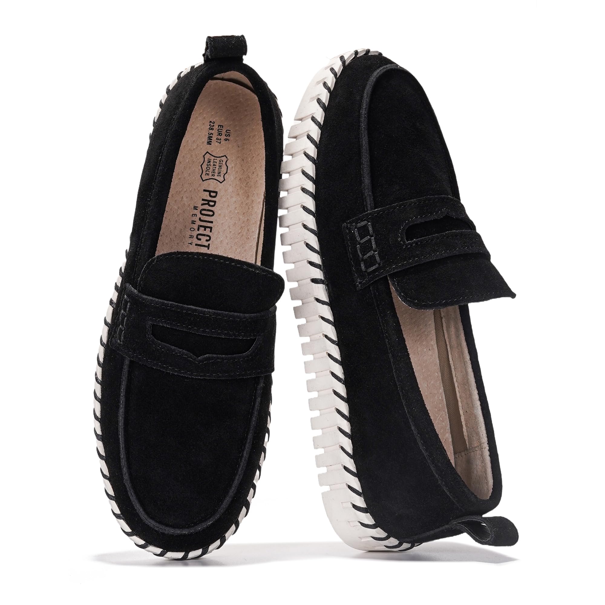 Project Cloud Black Filide Leather Loafers for Women with Memory Foam Insole and Non-Slip Sole