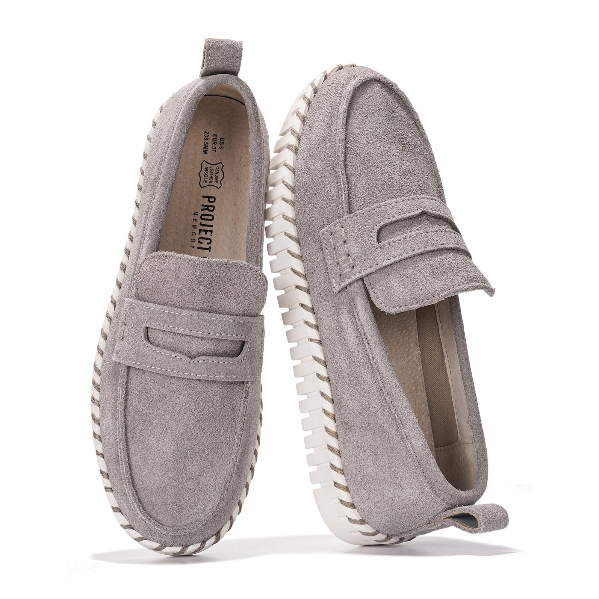 Project Cloud Filide Leather Loafers in Grey. Featuring memory foam insole, non-slip sole, and genuine leather for women.