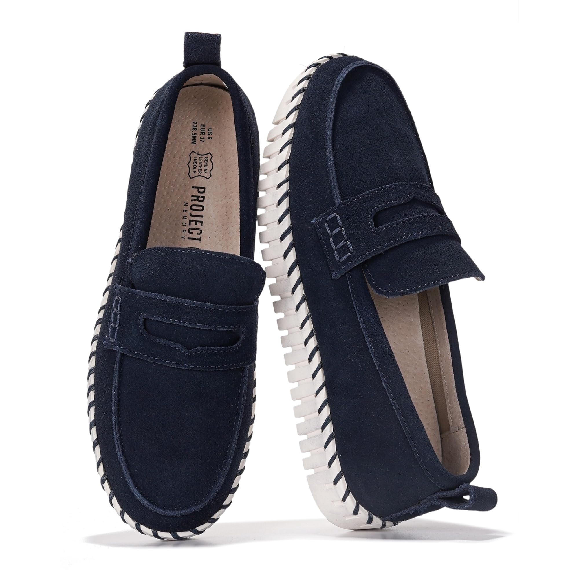 Project Cloud Filide navy suede loafers for women, featuring memory foam insole and non-slip sole.