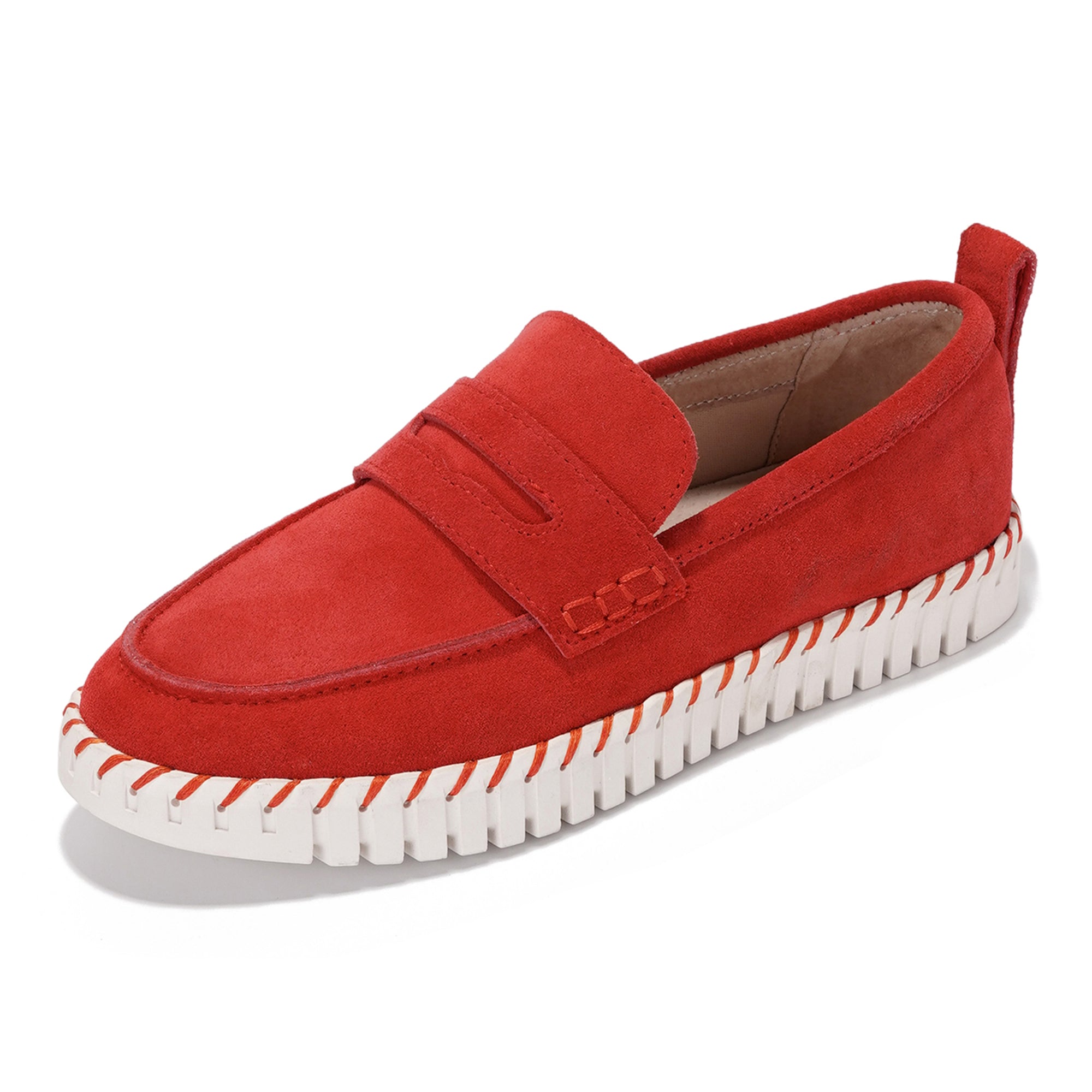 Red Filide Leather Loafers for Women. Featuring memory foam insole and non-slip sole for all-day comfort.