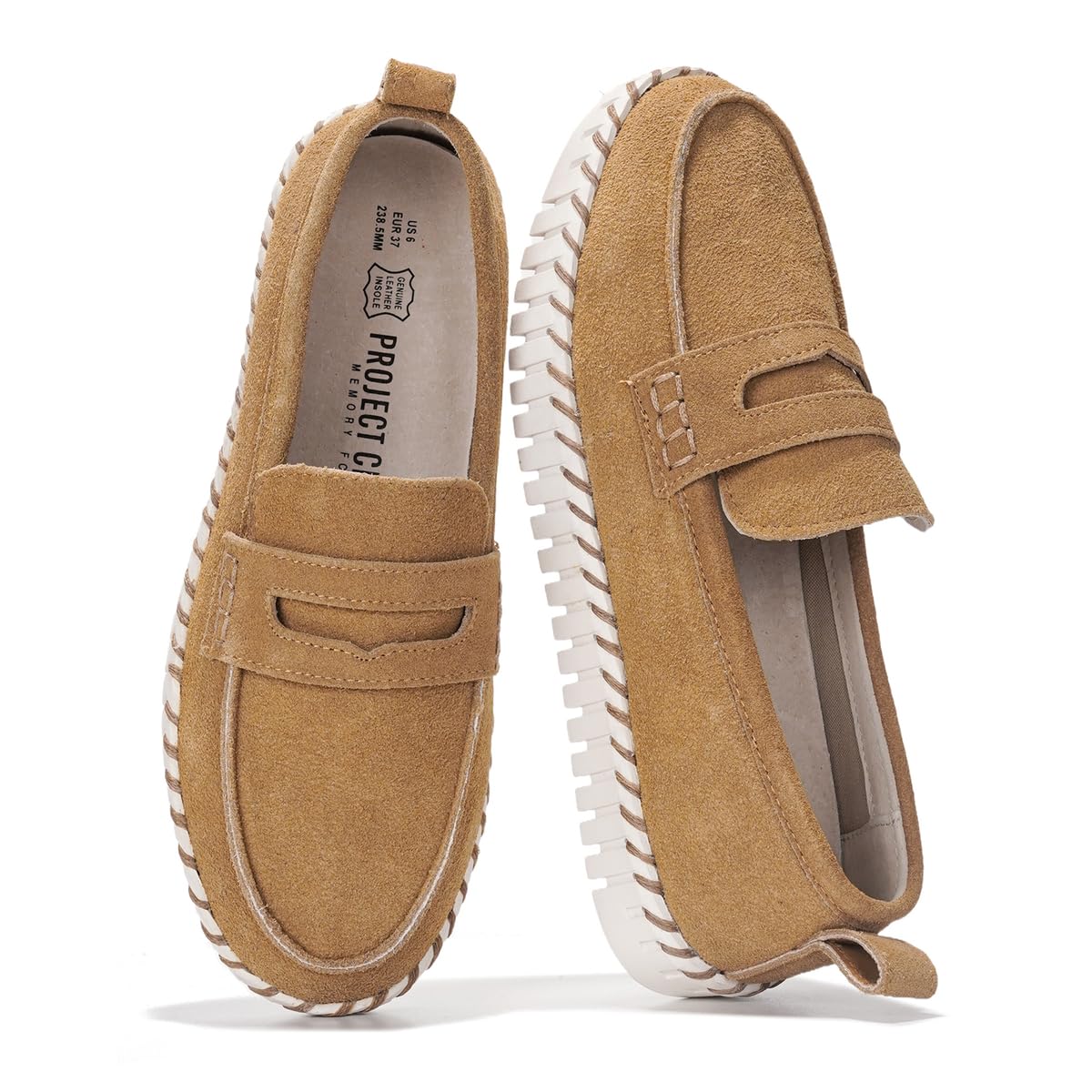 Brown suede Project Cloud Filide loafers for women. Memory foam, non-slip, genuine leather.