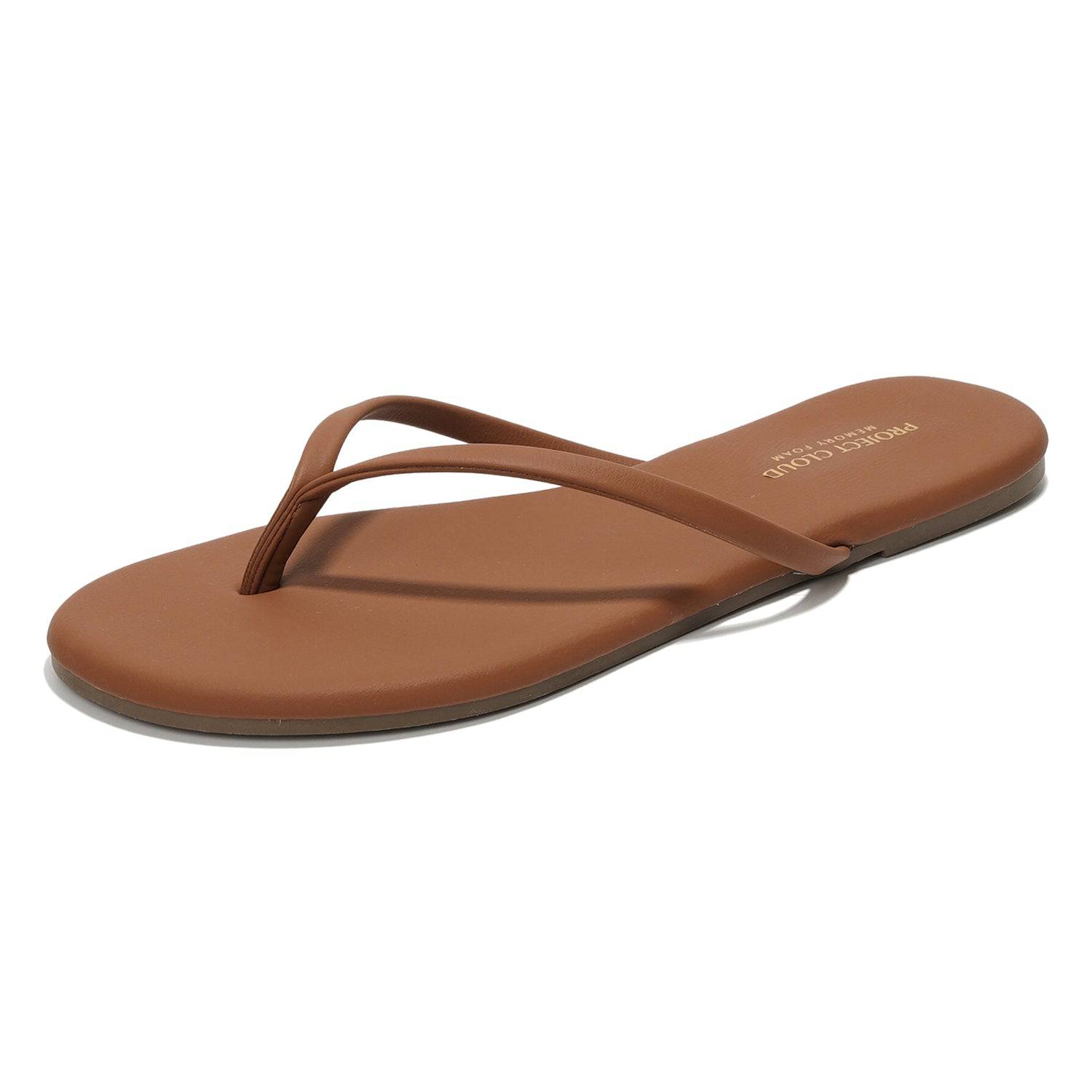 Project Cloud Foundations tan vegan leather flip-flops. Women's memory foam flat sandals, comfortable for all-day wear.