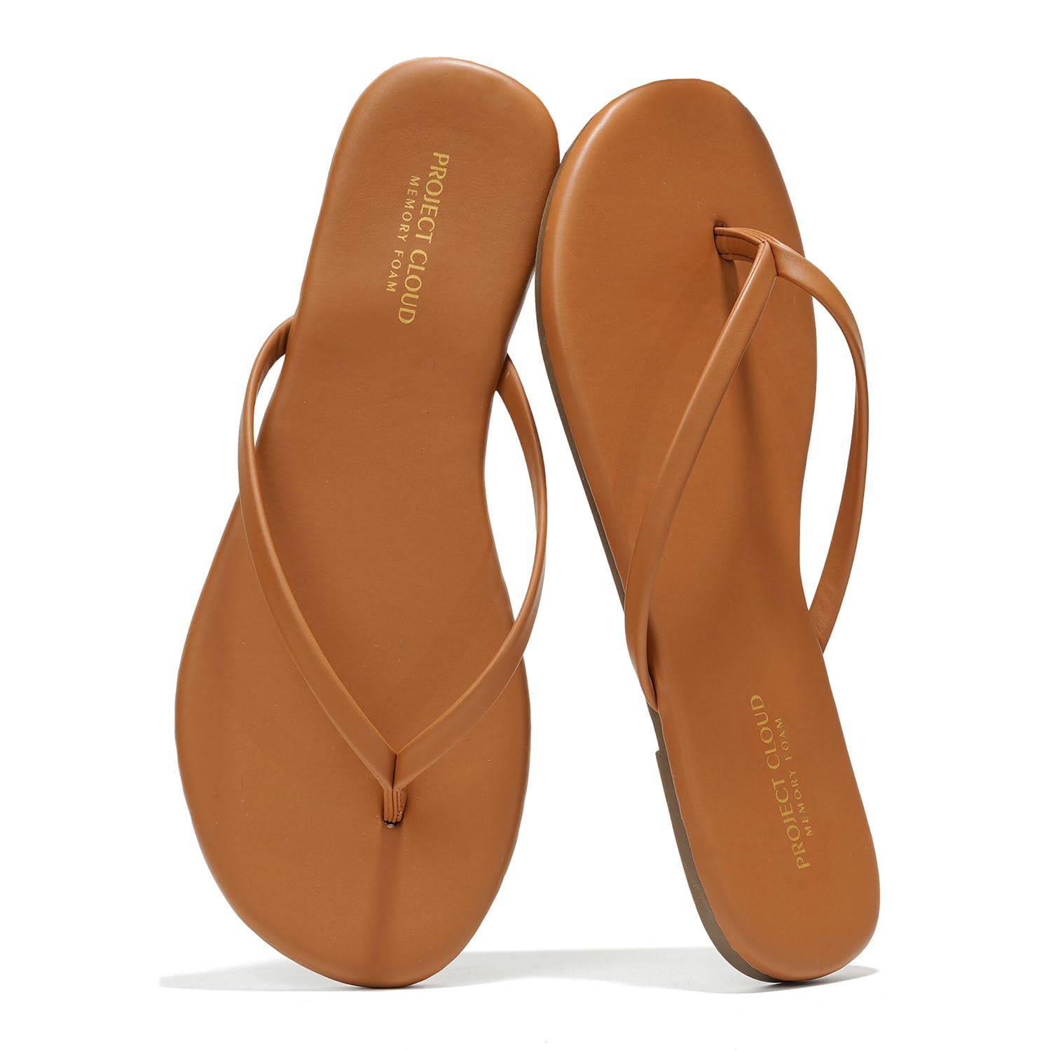 Project Cloud Foundations Women's Flip Flops in Tan. Comfortable vegan leather sandals with memory foam.