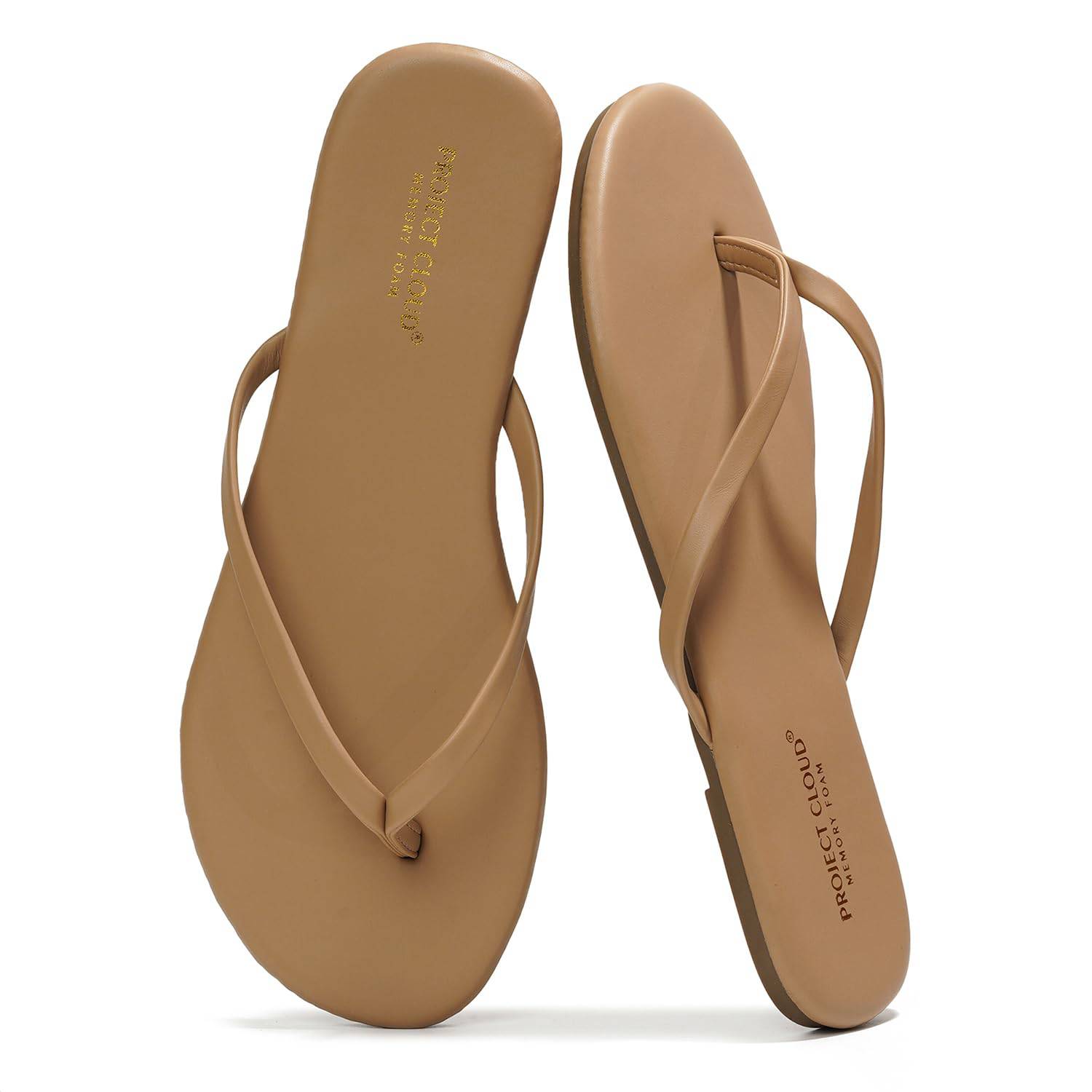 Project Cloud beige vegan leather flip-flops with memory foam, perfect for all-day comfort, Foundations collection.