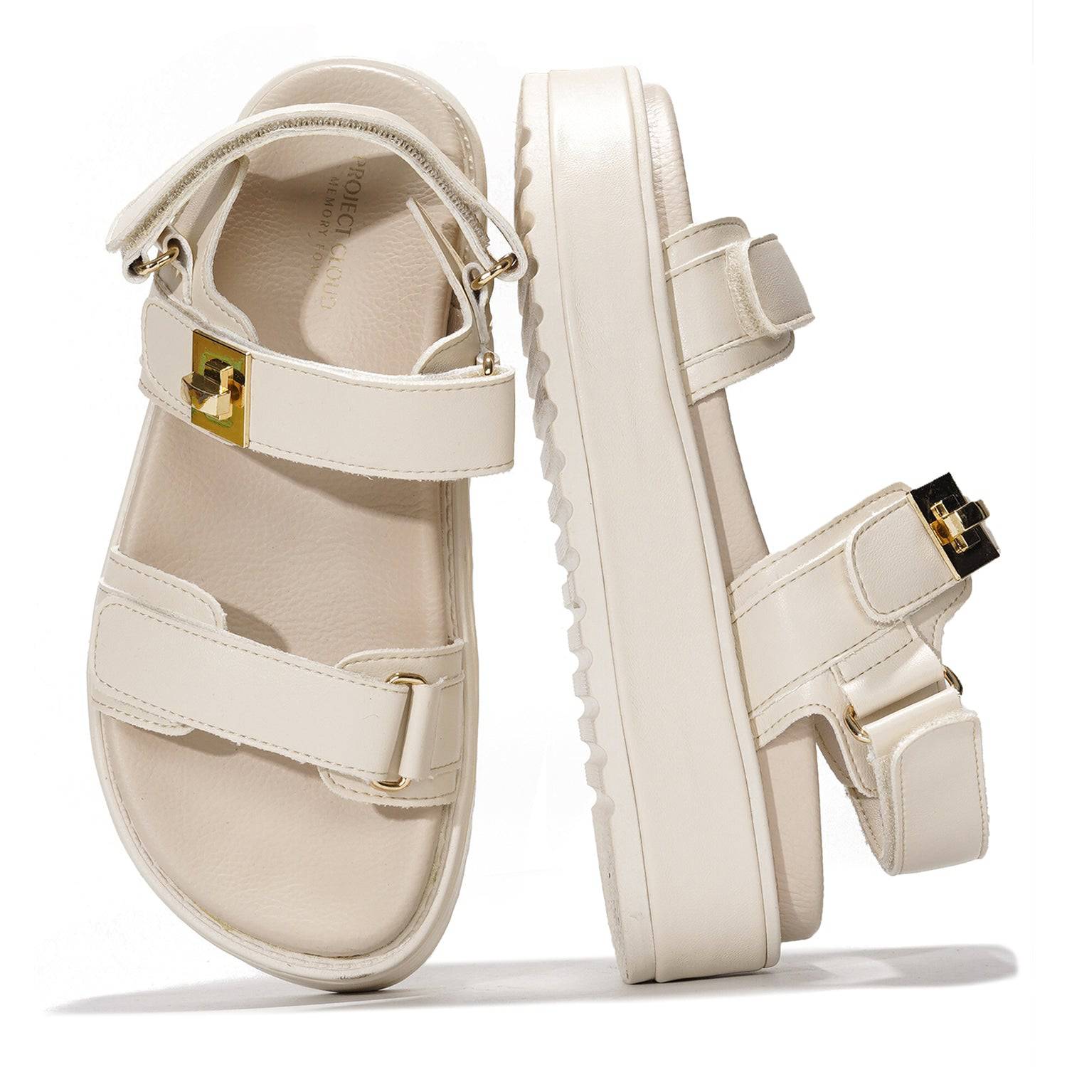 Project Cloud Ginevra beige wedge sandals with memory foam, adjustable straps, non-slip sole.