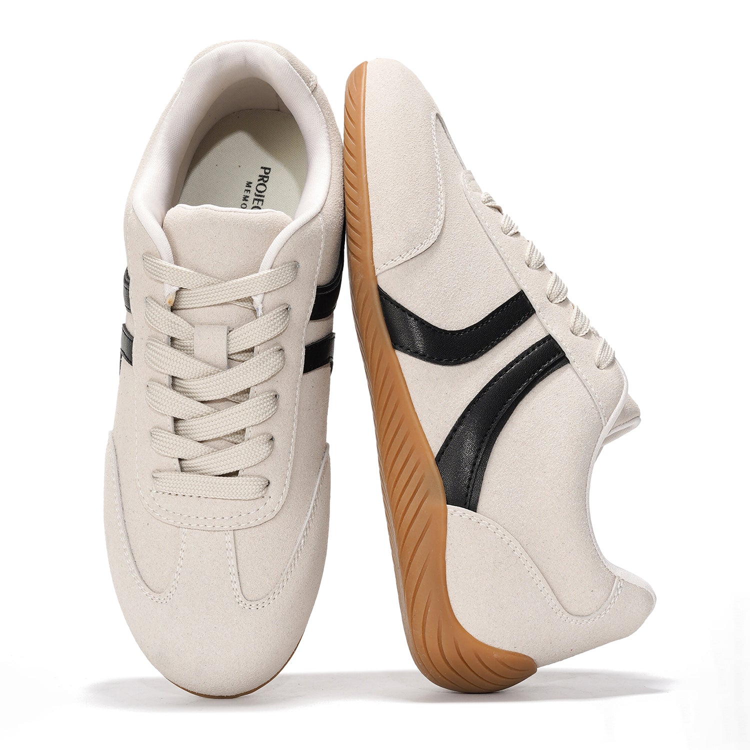 Project Cloud 'Goal' Sneakers for Women, beige suede with black stripes, memory foam, non-slip sole