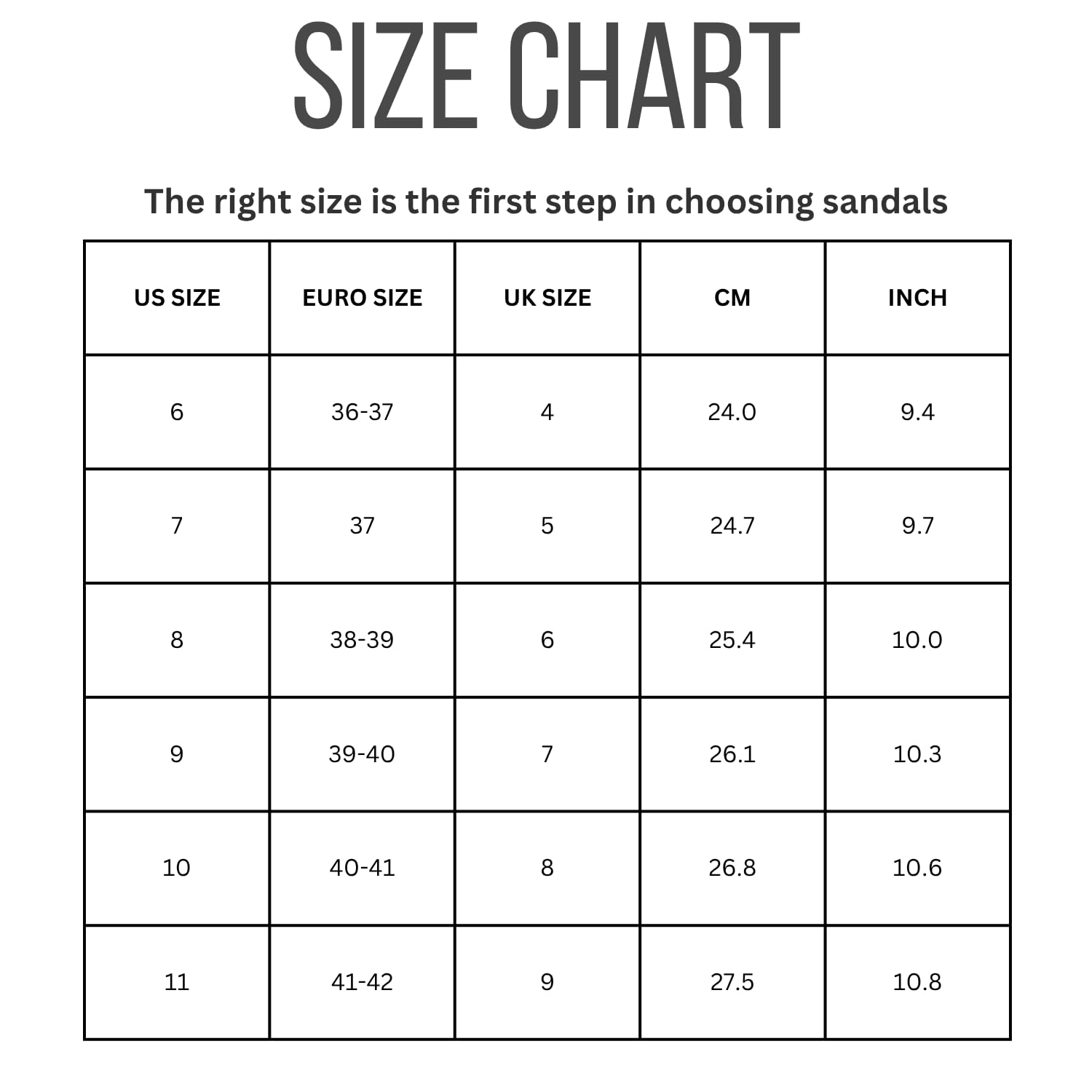 Project Cloud Goldie Sandals Size Chart: US, Euro, UK sizes with CM and Inch conversions, find the right fit.