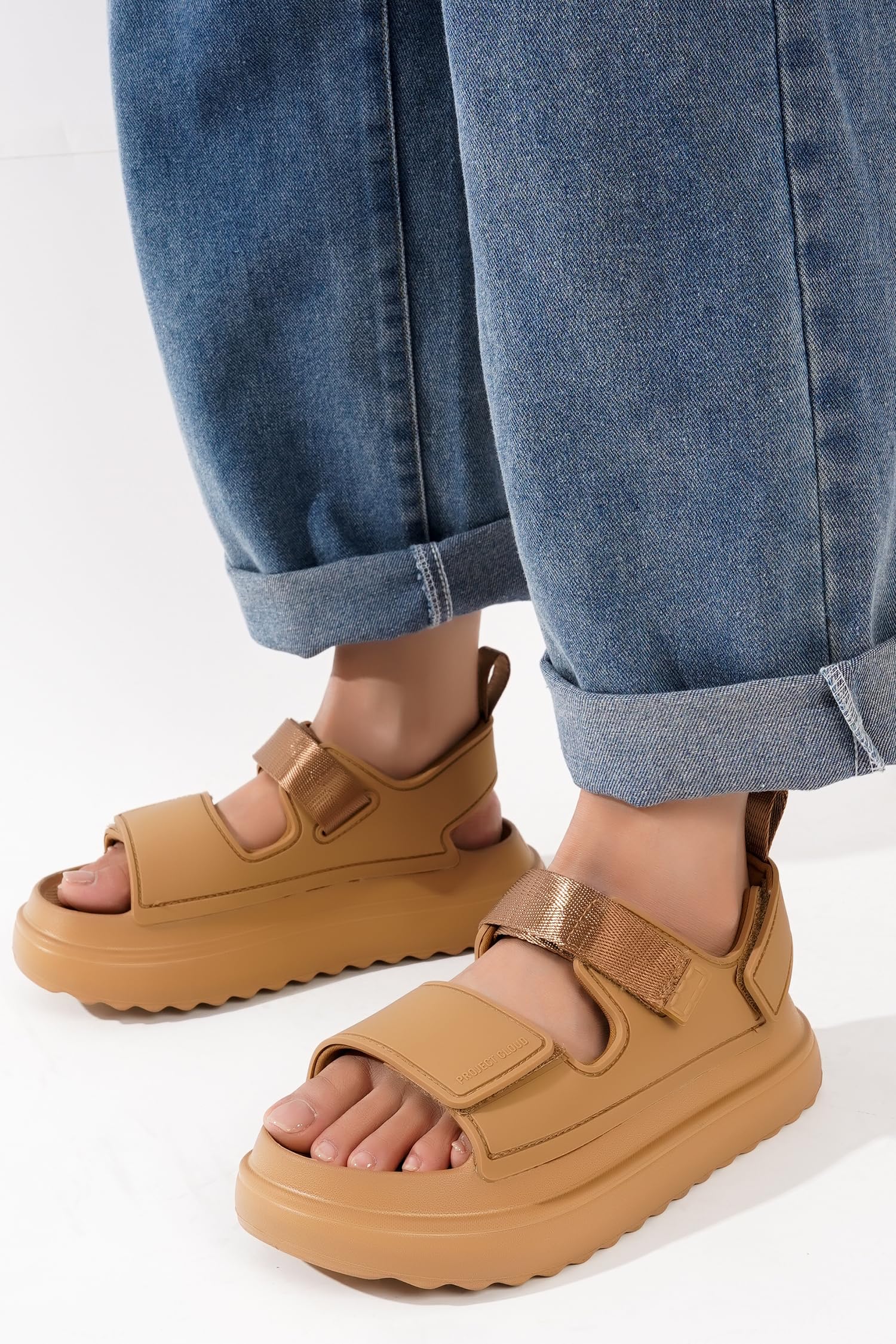 Project Cloud Goldie tan sandals, adjustable straps, TPR upper, memory foam, and chunky sole for women.