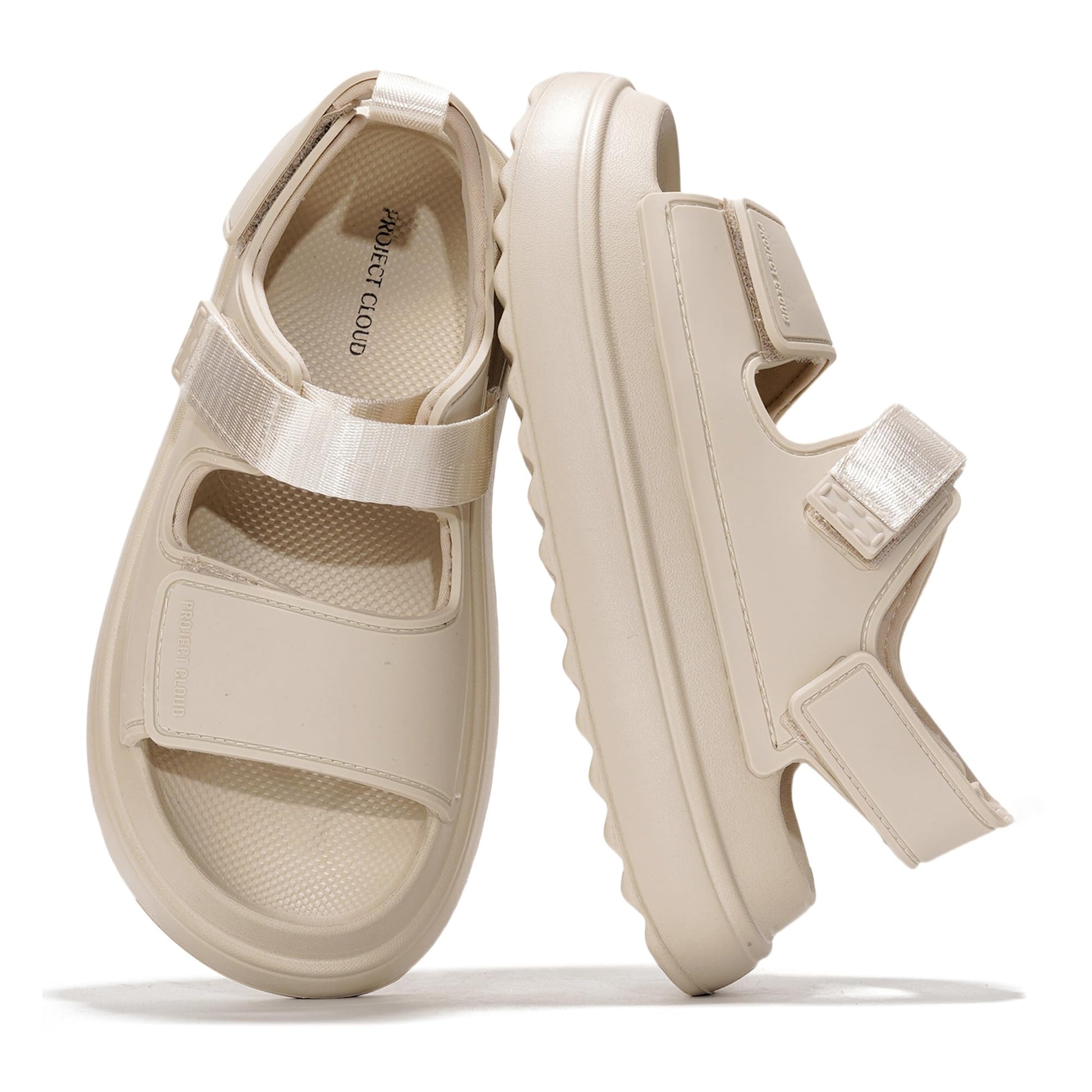 Project Cloud Goldie women's sandals in beige, featuring ProjectPlush memory foam, anti-slip sole, and adjustable straps