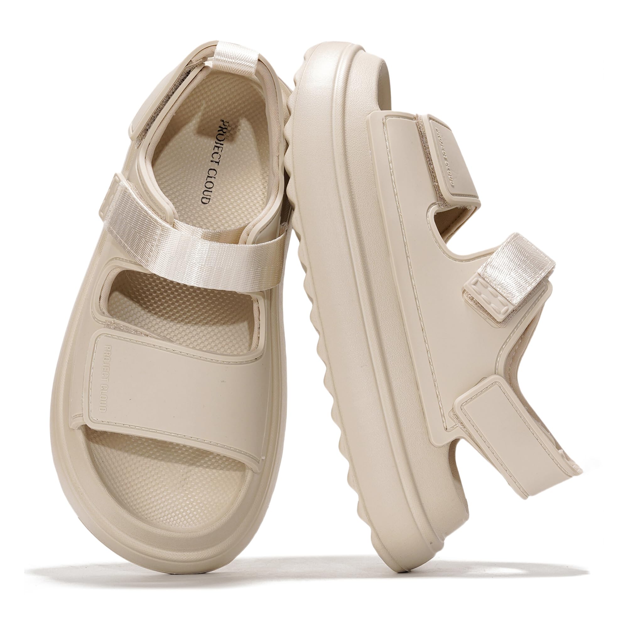 Project Cloud Goldie women's sandals in beige, featuring ProjectPlush memory foam, anti-slip sole, and adjustable straps