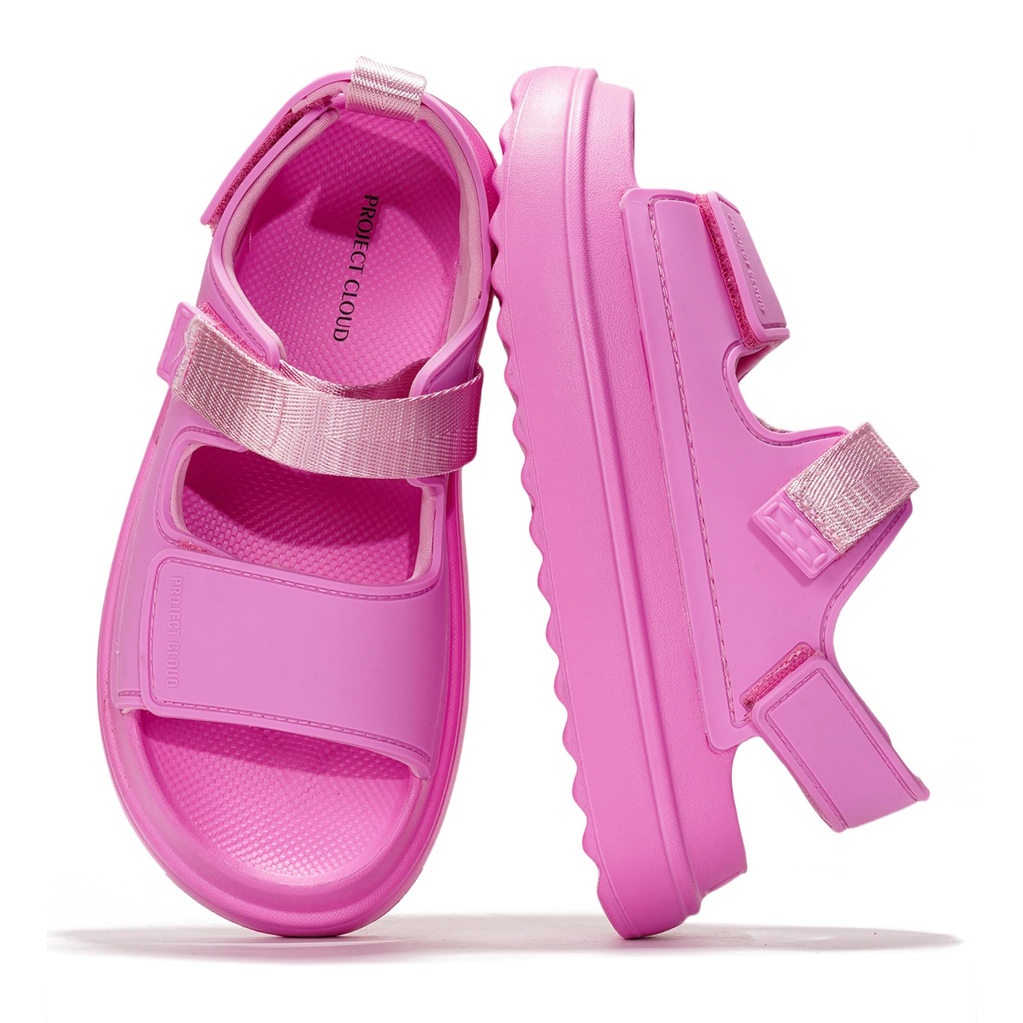 Project Cloud Goldie sandals in vibrant pink, adjustable straps, TPR upper, and slip-resistant sole